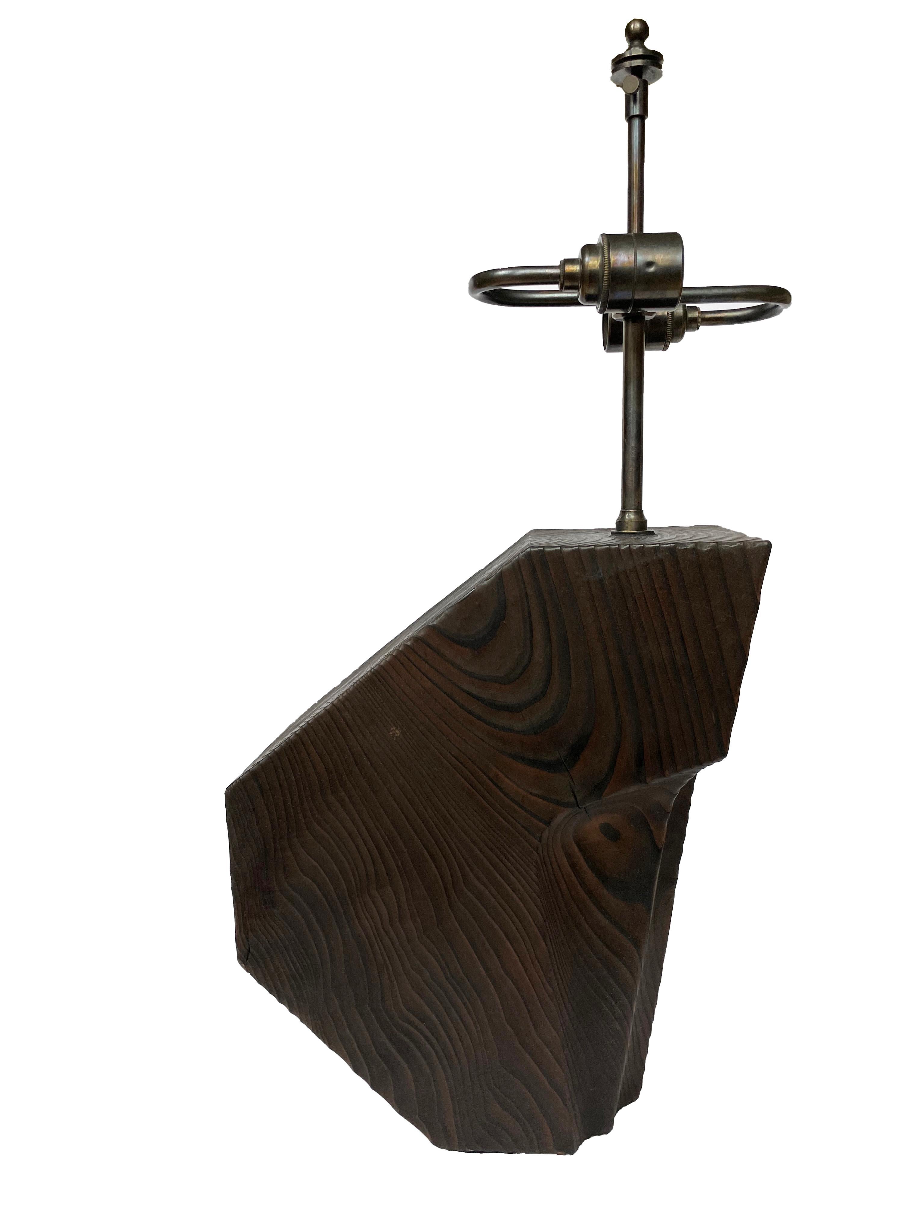 Carved Scorched Cedar Wood Table Lamp For Sale