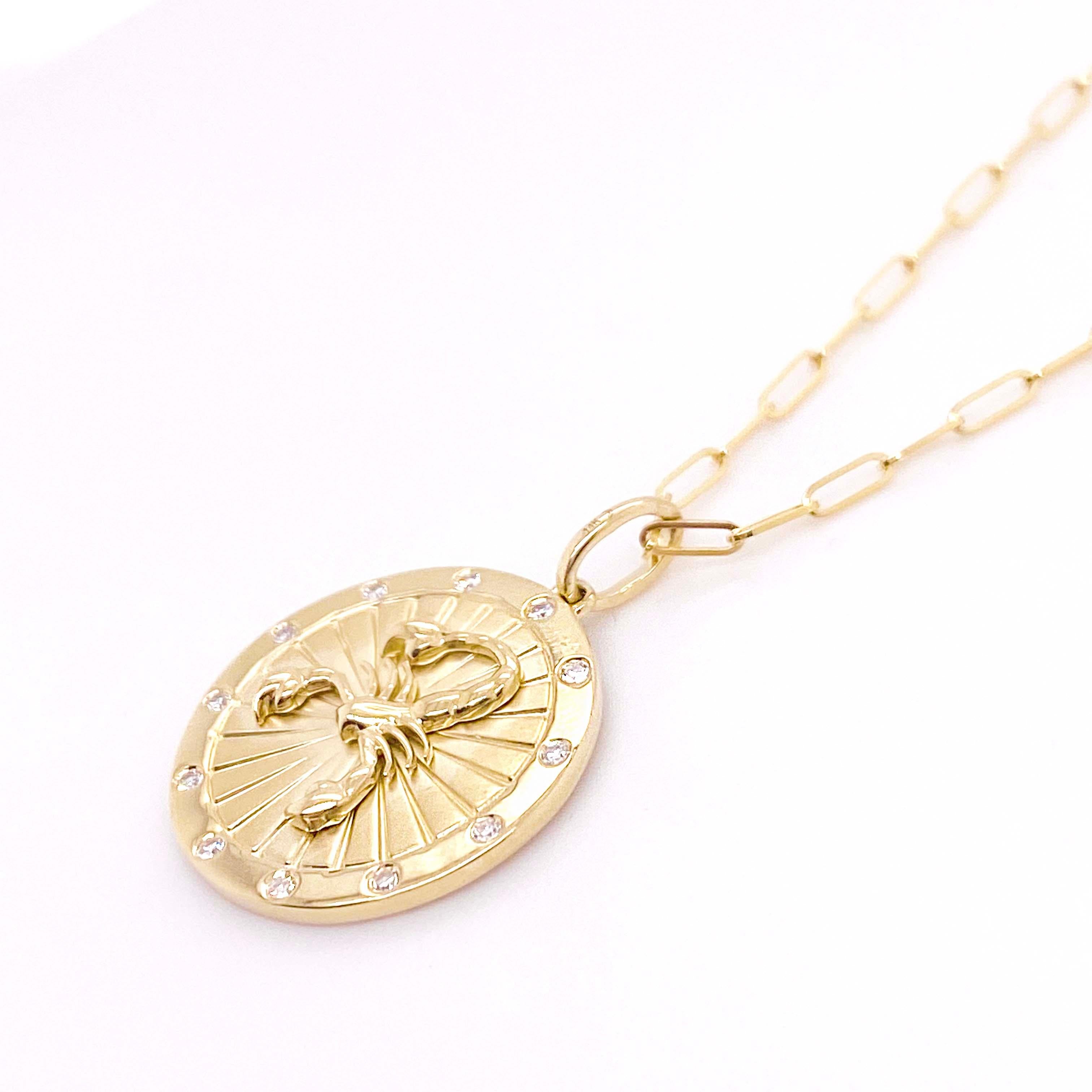 This zodiac pendant can be ordered for any month. This one showing is a scorpio is the sign of passion, creativity, and mystery, but you don't have to be born a scorpio to love this necklace. The flush-set diamonds all around the circumference of