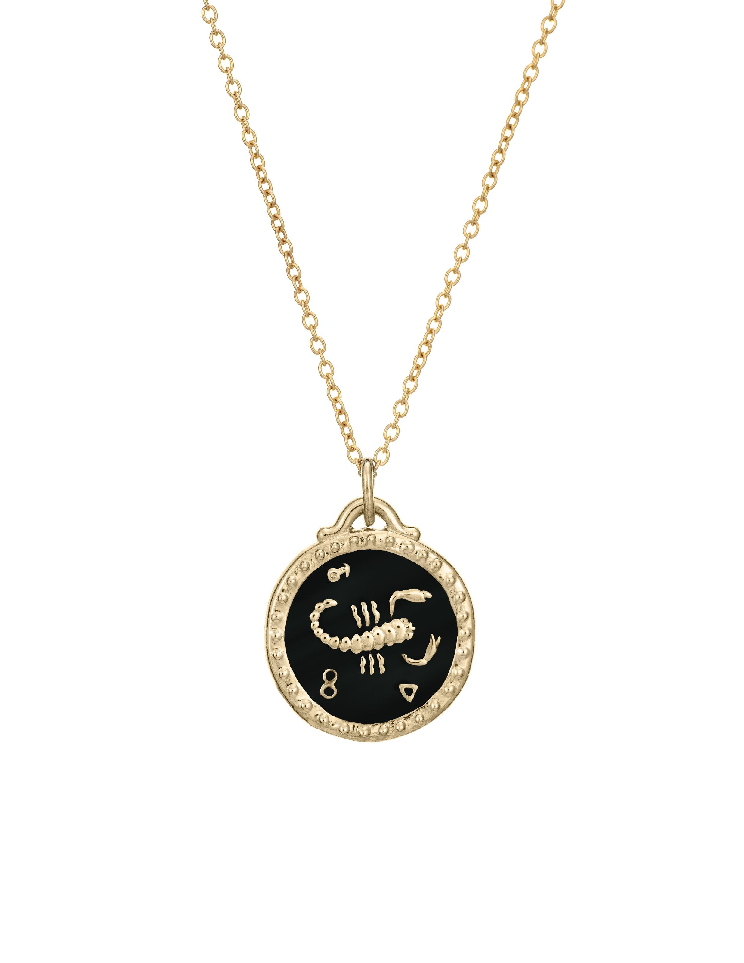 Part of our new Zodiac collection. The Scorpio Pendant features a scorpion on one side and the Scorpio symbol on the other. Designs are meticulously hand-carved into 14k gold and finished with enamel. This pendant is customizable and available in