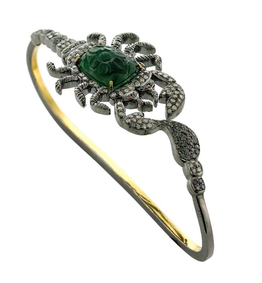 Art Nouveau Scorpio Shaped Palm Bracelet With Center Stone Emerald & Diamonds For Sale