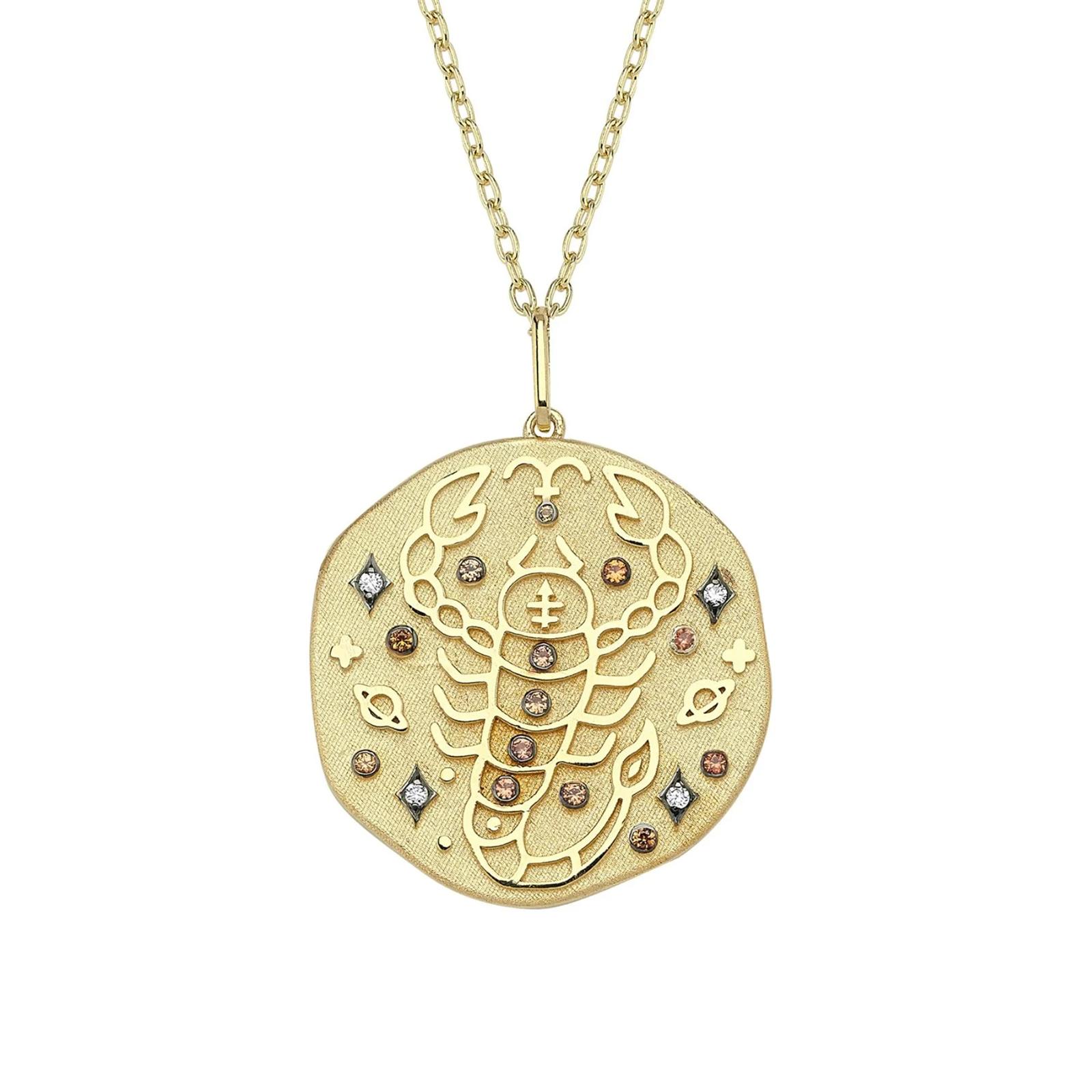 Leo Zodiac Charm Necklace, Lucky Stone is Diamond and Ruby 14K Yellow