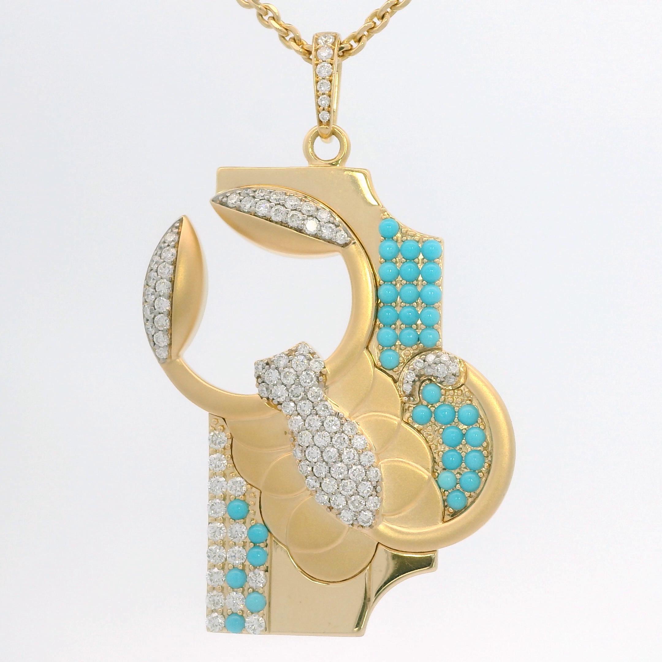 Taglio brillante Ciondolo Zodiac in oro 18k con diamanti da 0,84 carati e 34 turchesi in vendita
