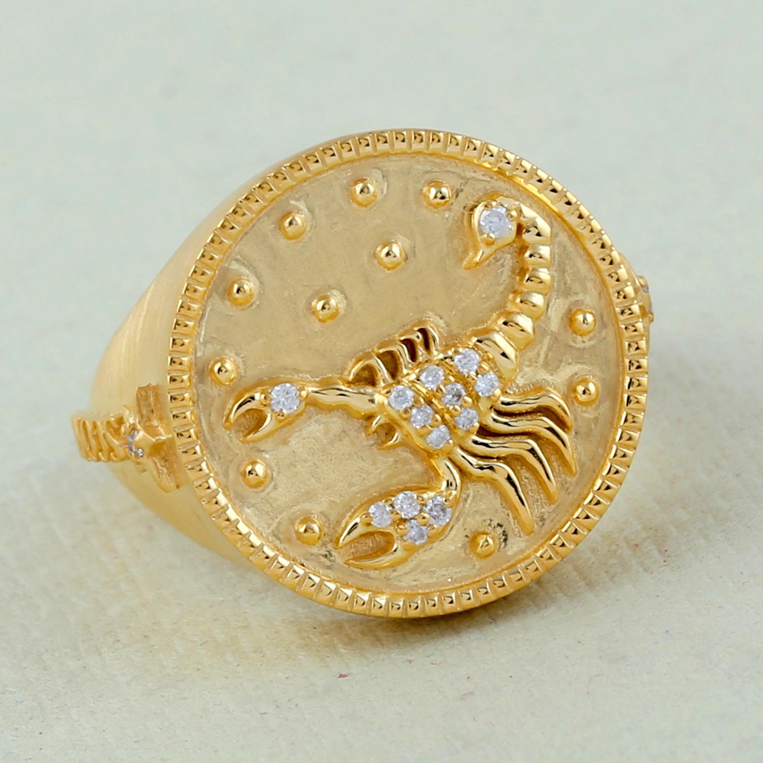 Artisan Scorpio Zodiac Ring With Diamonds Made In 14K Yellow Gold For Sale
