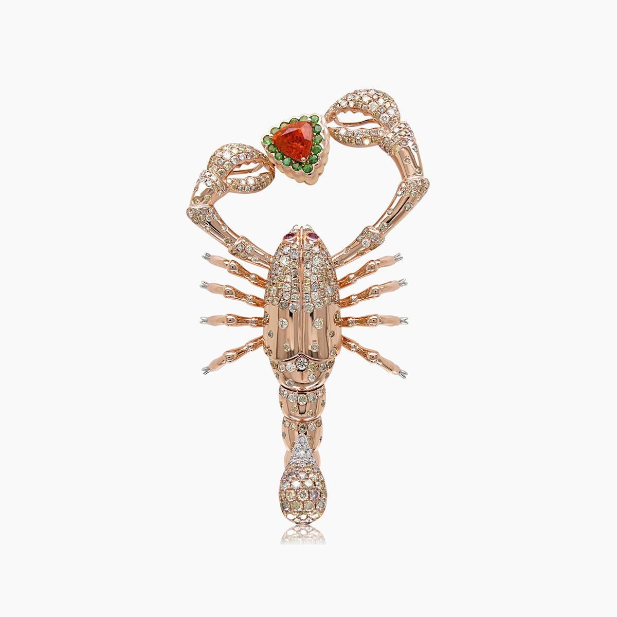 Spilla Scorpion Fancy Diamond Ruby Garnet & White Shell in oro rosa 18 carati In condizioni Nuovo in vendita a Oakton, VA