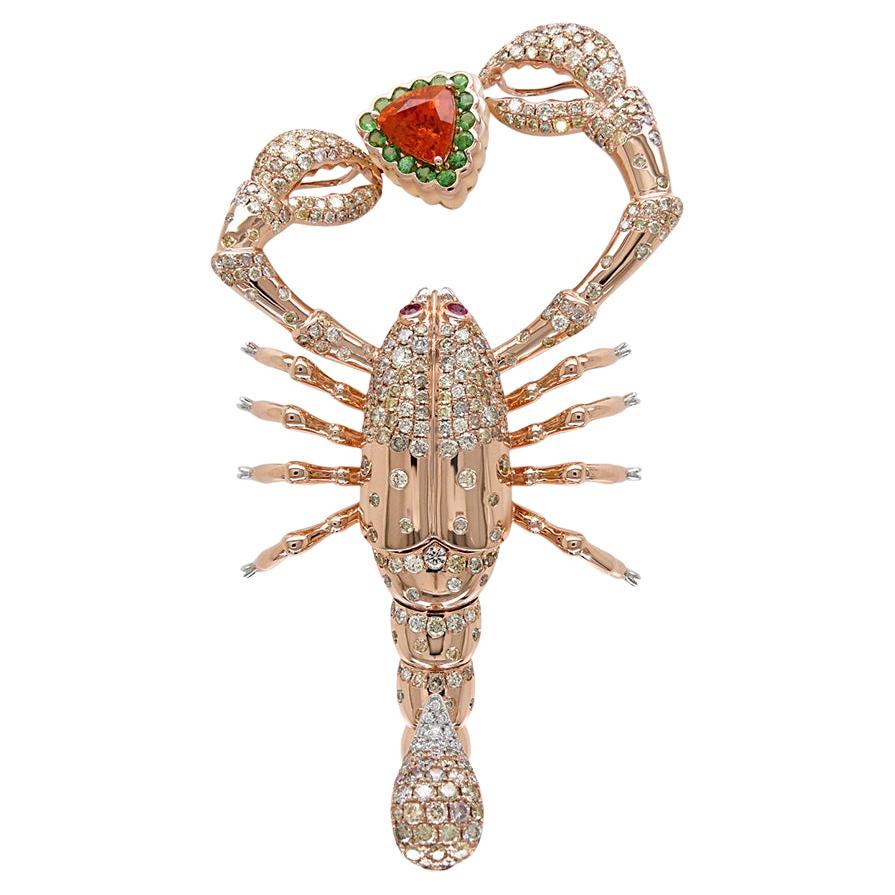 Spilla Scorpion Fancy Diamond Ruby Garnet & White Shell in oro rosa 18 carati in vendita