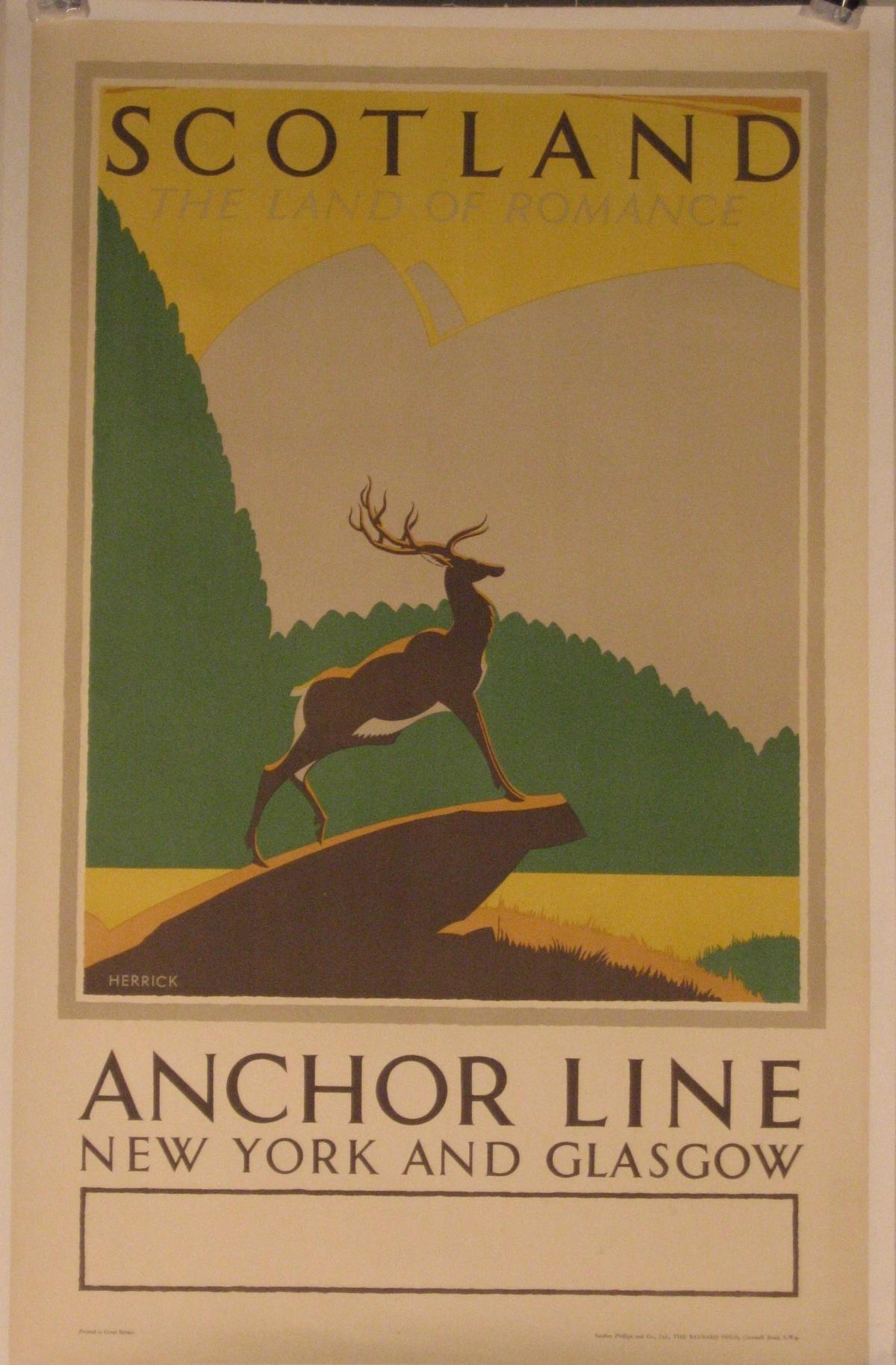Artist: Frederick Charles Herrick  (British, 1887 –1970)

Date of Origin: circa 1930

Medium: Original Stone Lithograph Vintage Poster

Size: 27” x 41”

 

Original vintage travel poster for Scotland The Land of Romance issued by Anchor Line New