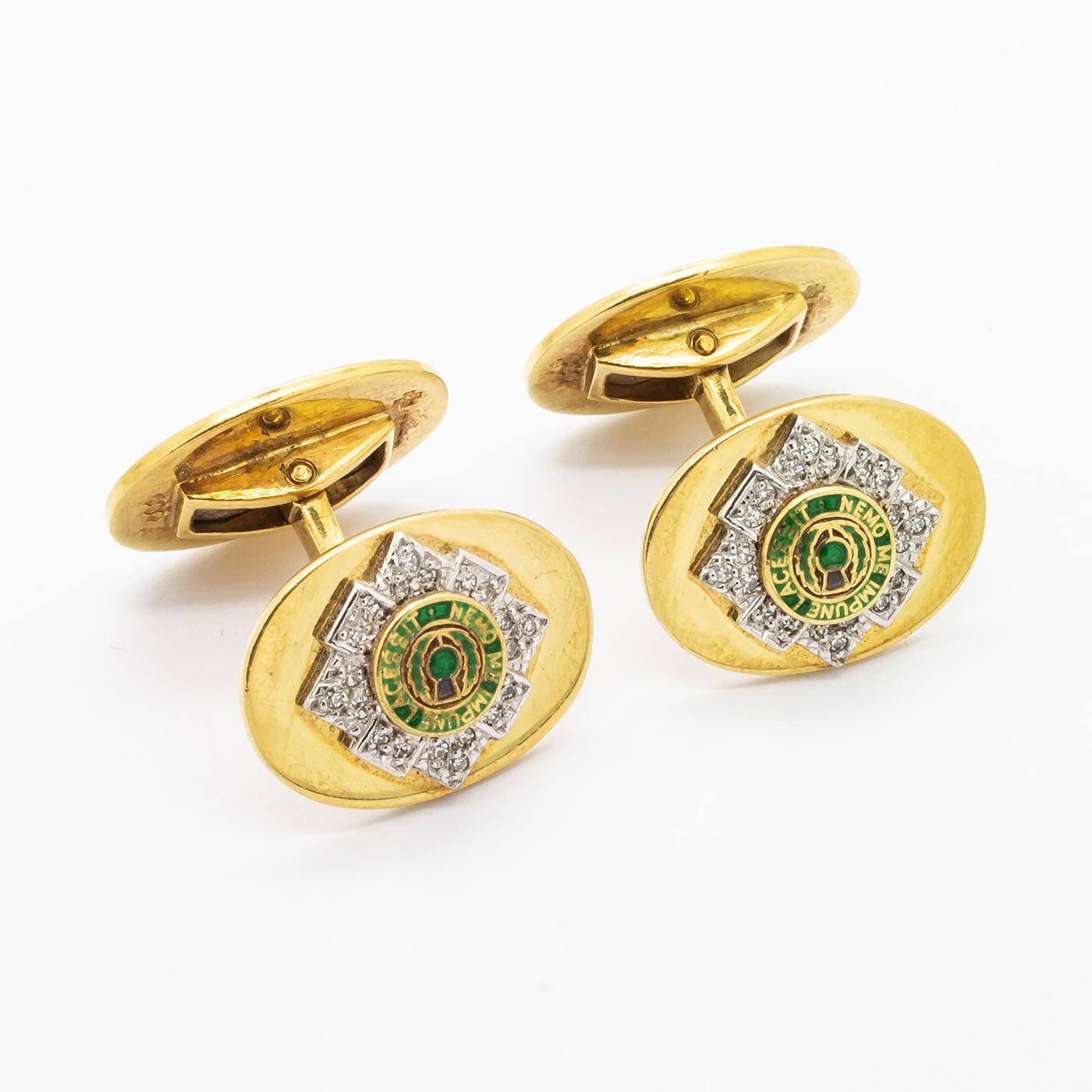 Scots Guards Enamel Diamond Gold Cufflinks In Excellent Condition In London, GB