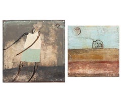 Ensemble de deux scènes abstraites représentant des figures et des paysages. Acrylique sur toile, 2023