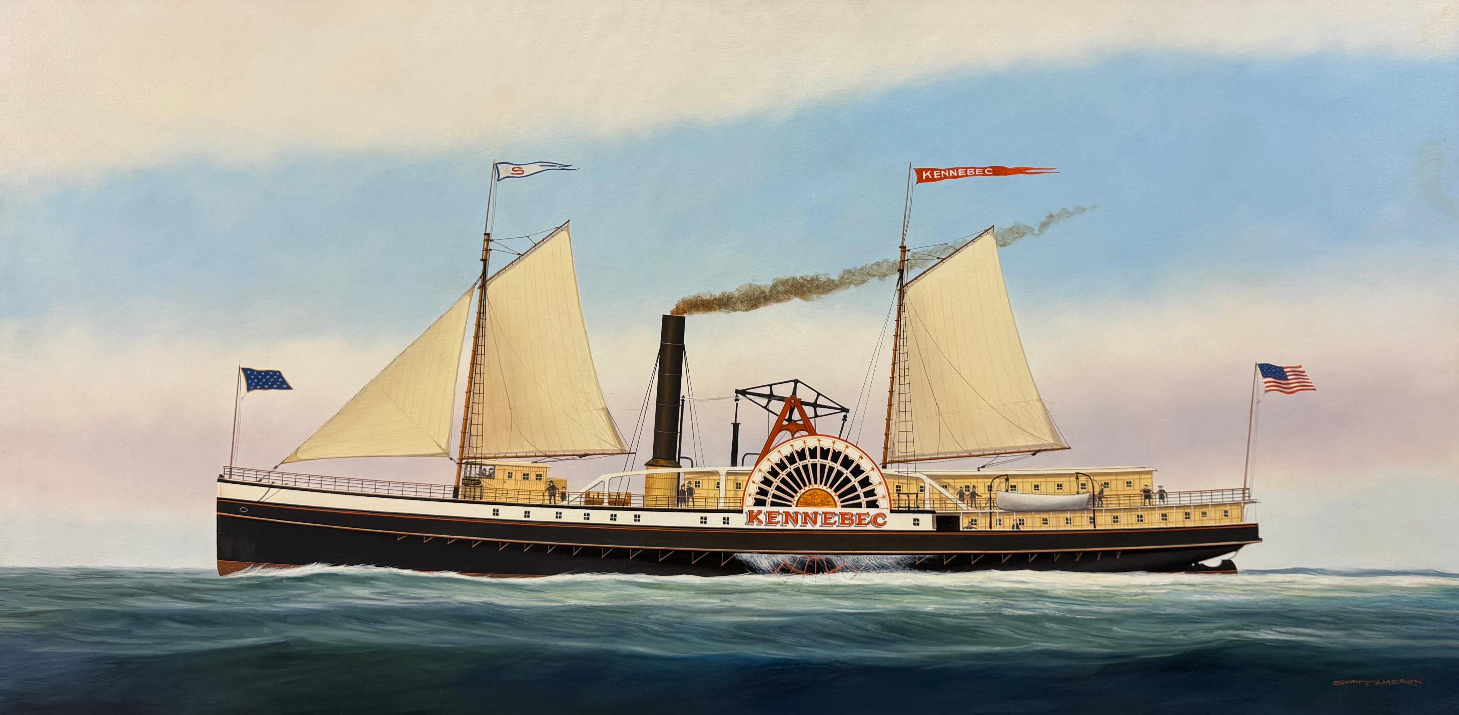 “Kennebec” Ship Portrait Sidewheeler Steamboat Paddle Steamer Oil on Canvas - Painting by Scott Cameron