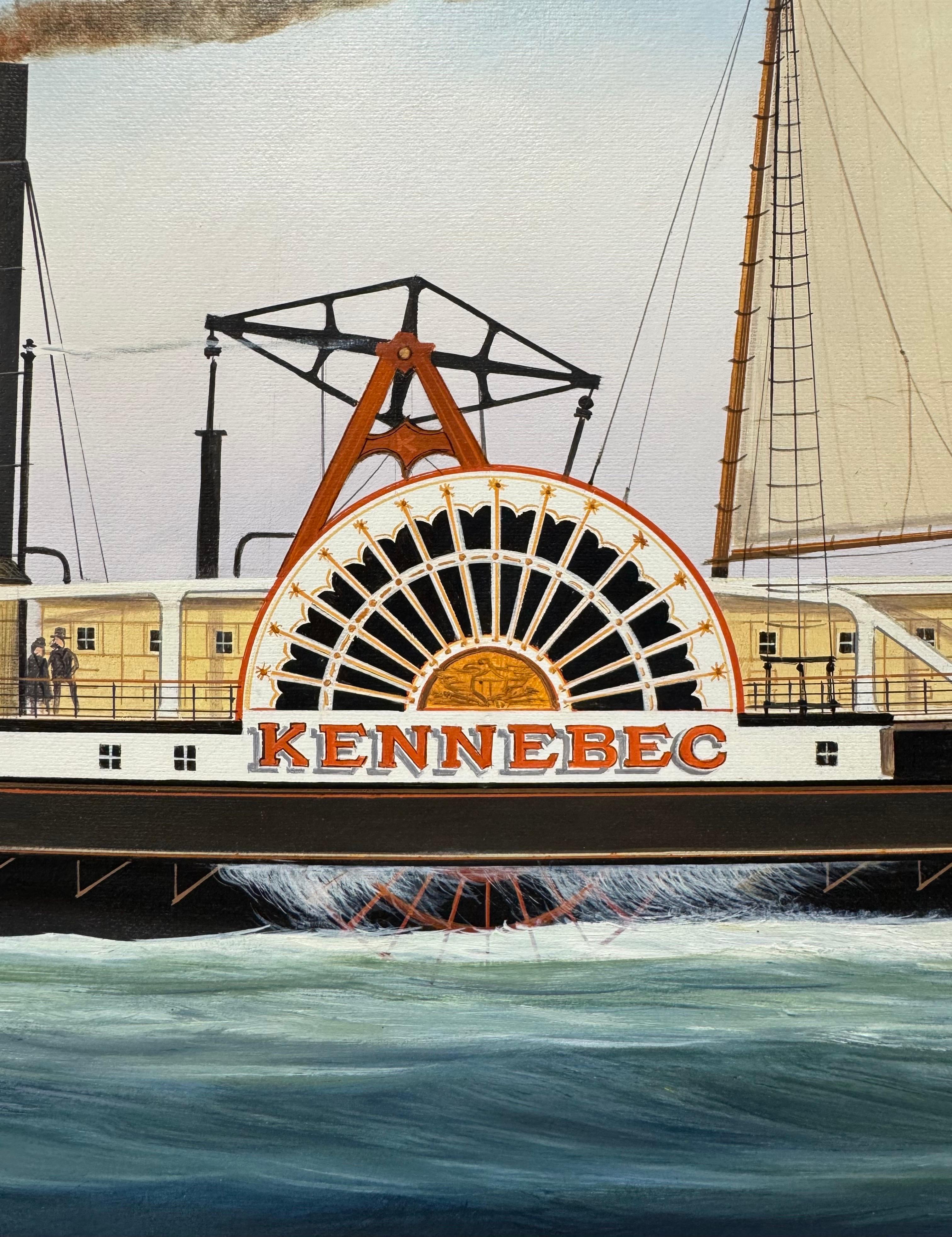 “Kennebec” Ship Portrait Sidewheeler Steamboat Paddle Steamer Oil on Canvas - Gray Landscape Painting by Scott Cameron