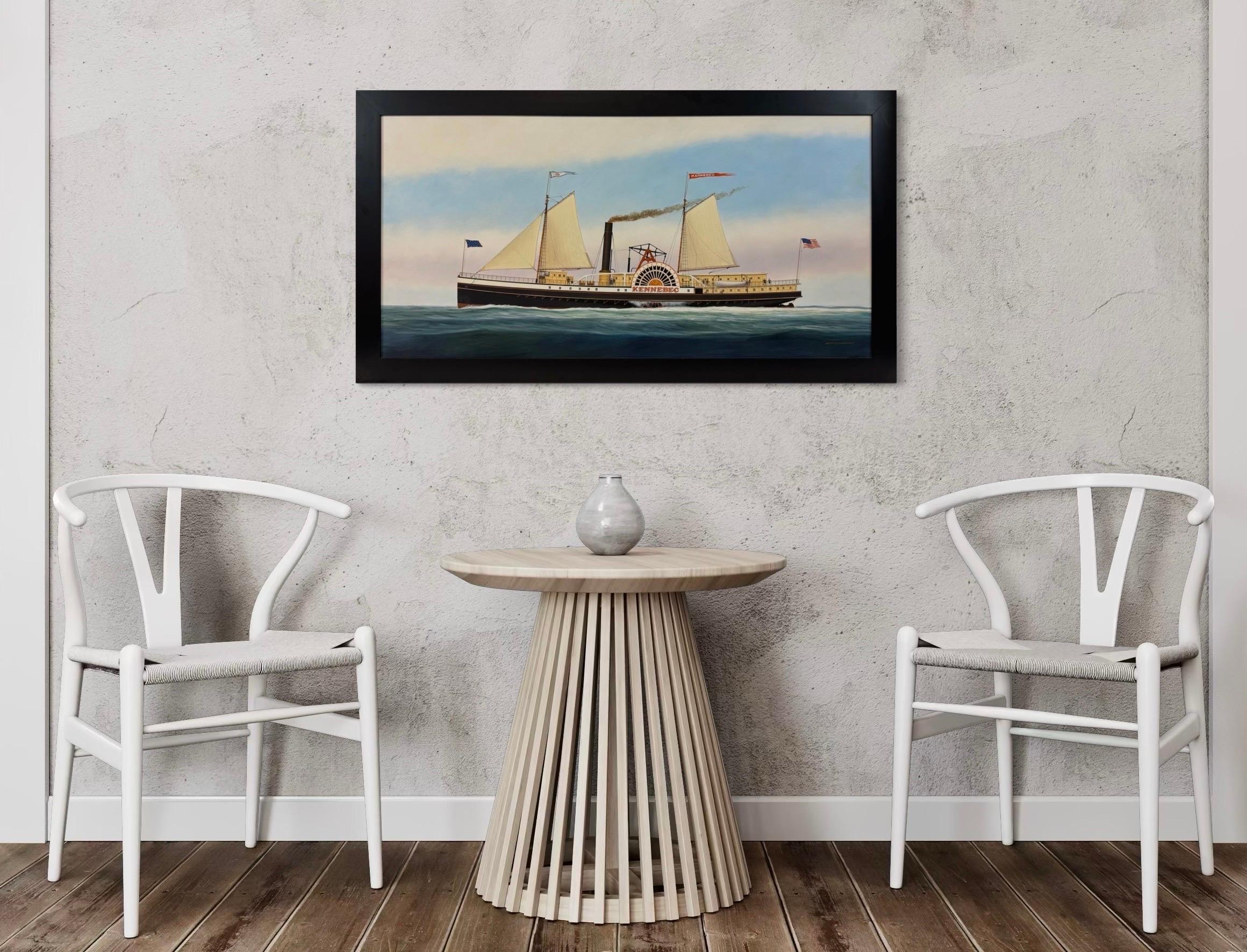 “Kennebec” Ship Portrait Sidewheeler Steamboat Paddle Steamer Oil on Canvas For Sale 3