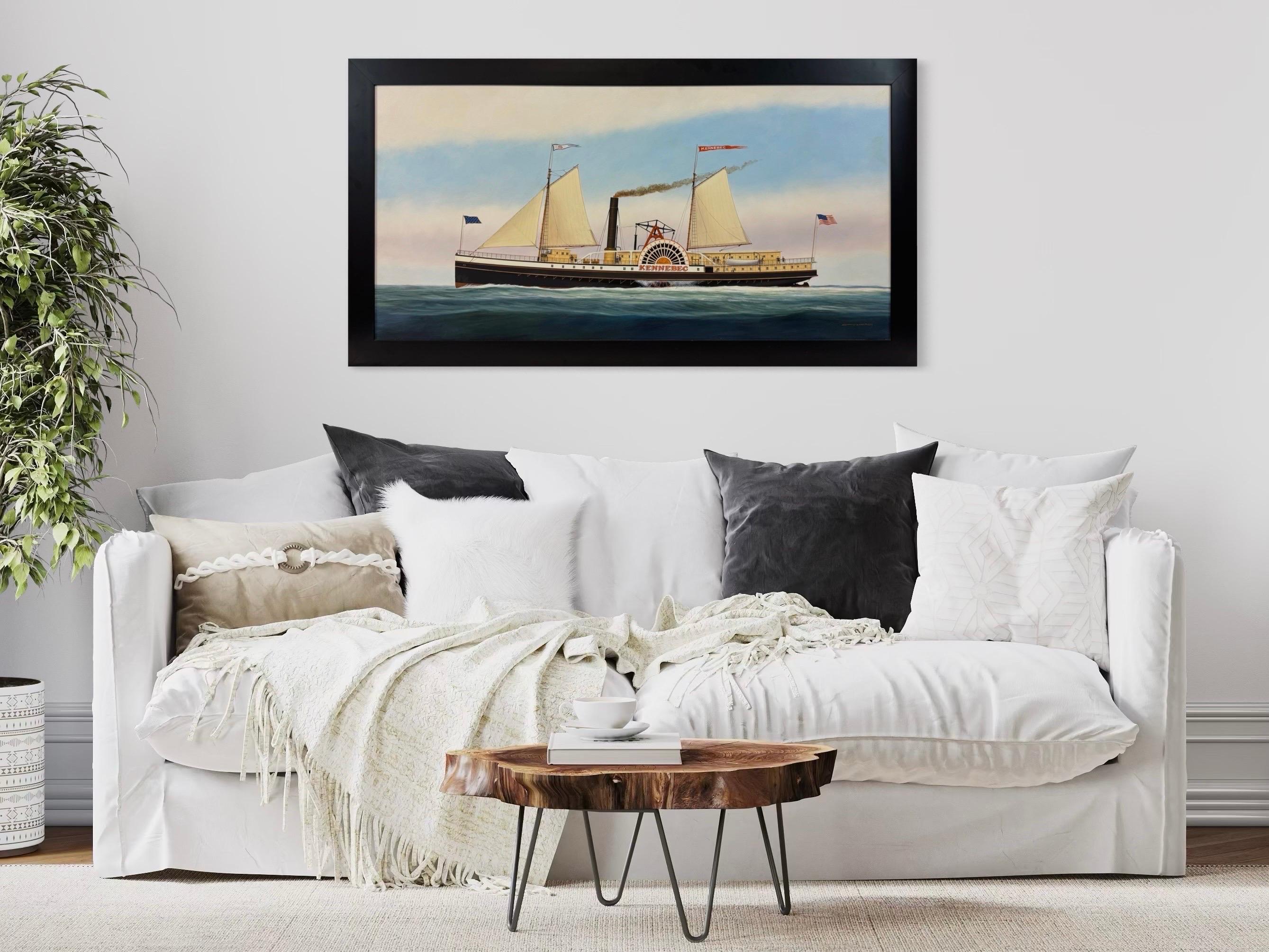 “Kennebec” Ship Portrait Sidewheeler Steamboat Paddle Steamer Oil on Canvas For Sale 4