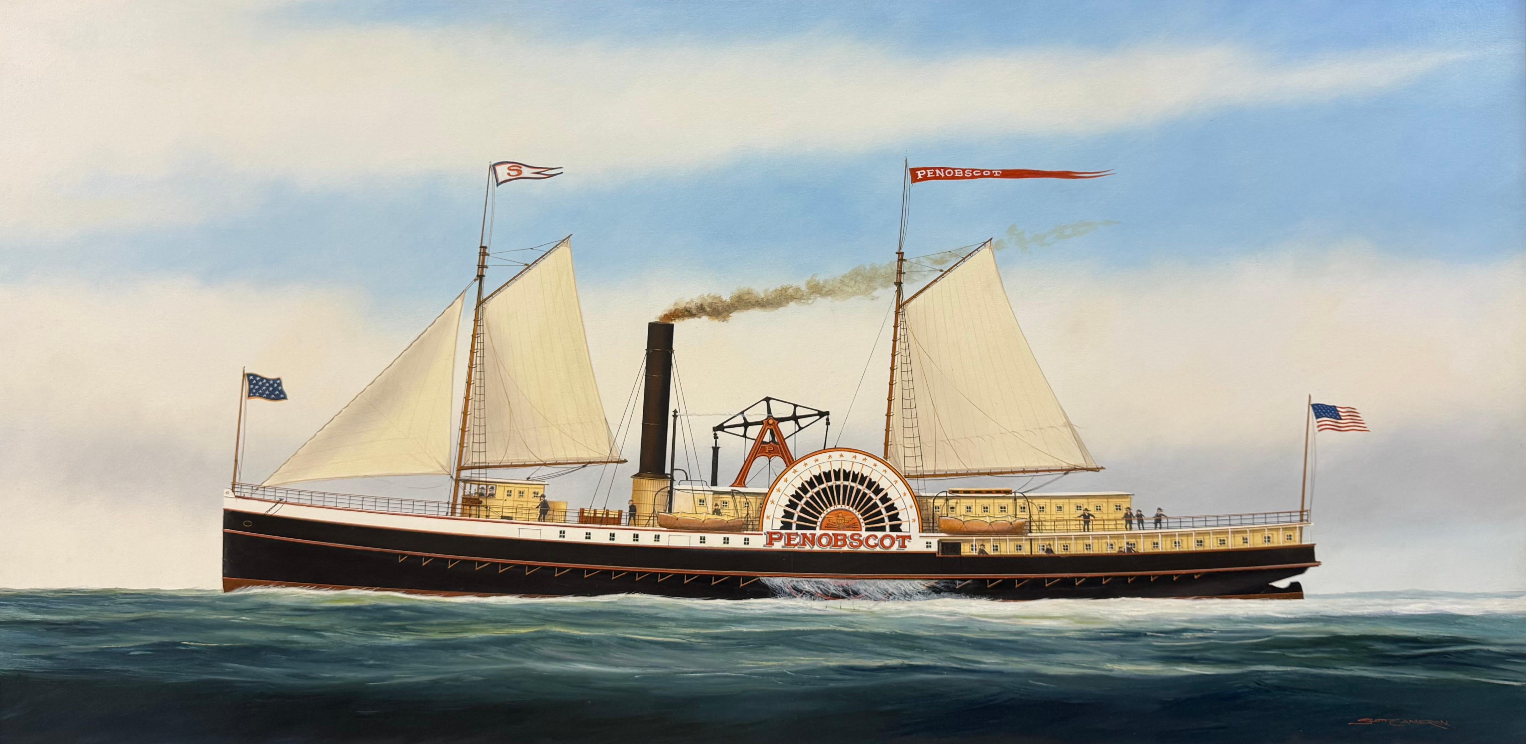 “Penobscot” Ship Portrait Sidewheeler Steamboat Paddle Steamer Oil on Canvas - Painting by Scott Cameron