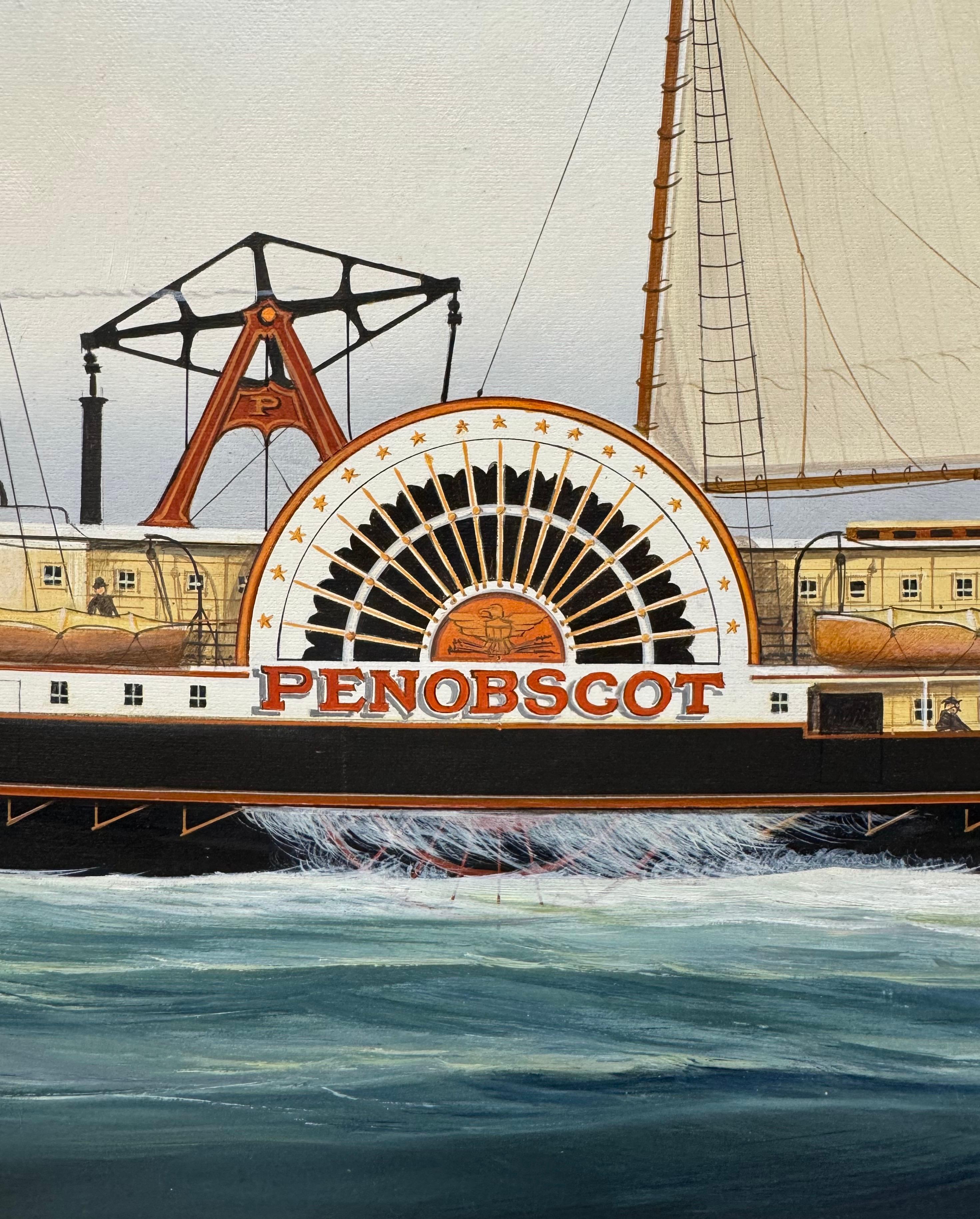 “Penobscot” Ship Portrait Sidewheeler Steamboat Paddle Steamer Oil on Canvas - Gray Figurative Painting by Scott Cameron