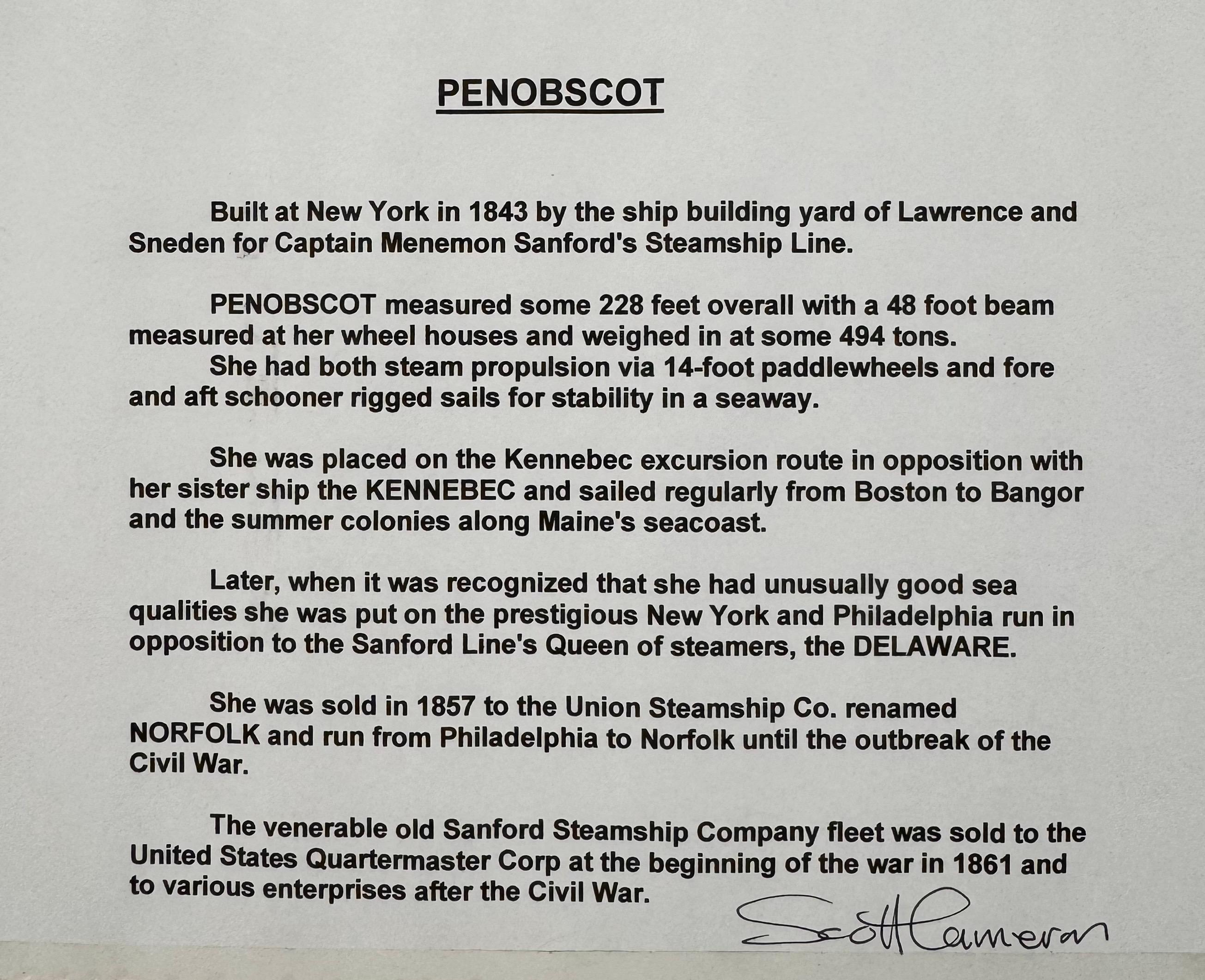 “Penobscot” Ship Portrait Sidewheeler Steamboat Paddle Steamer Oil on Canvas For Sale 2