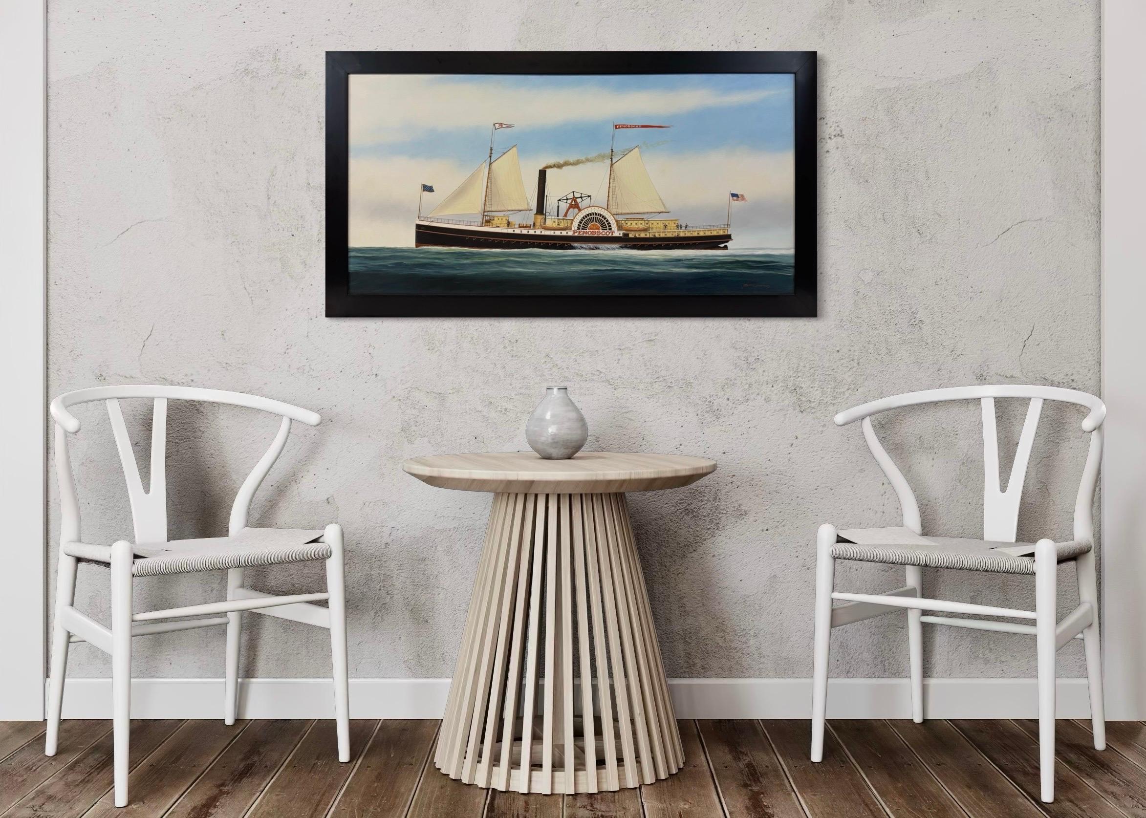 “Penobscot” Ship Portrait Sidewheeler Steamboat Paddle Steamer Oil on Canvas For Sale 3