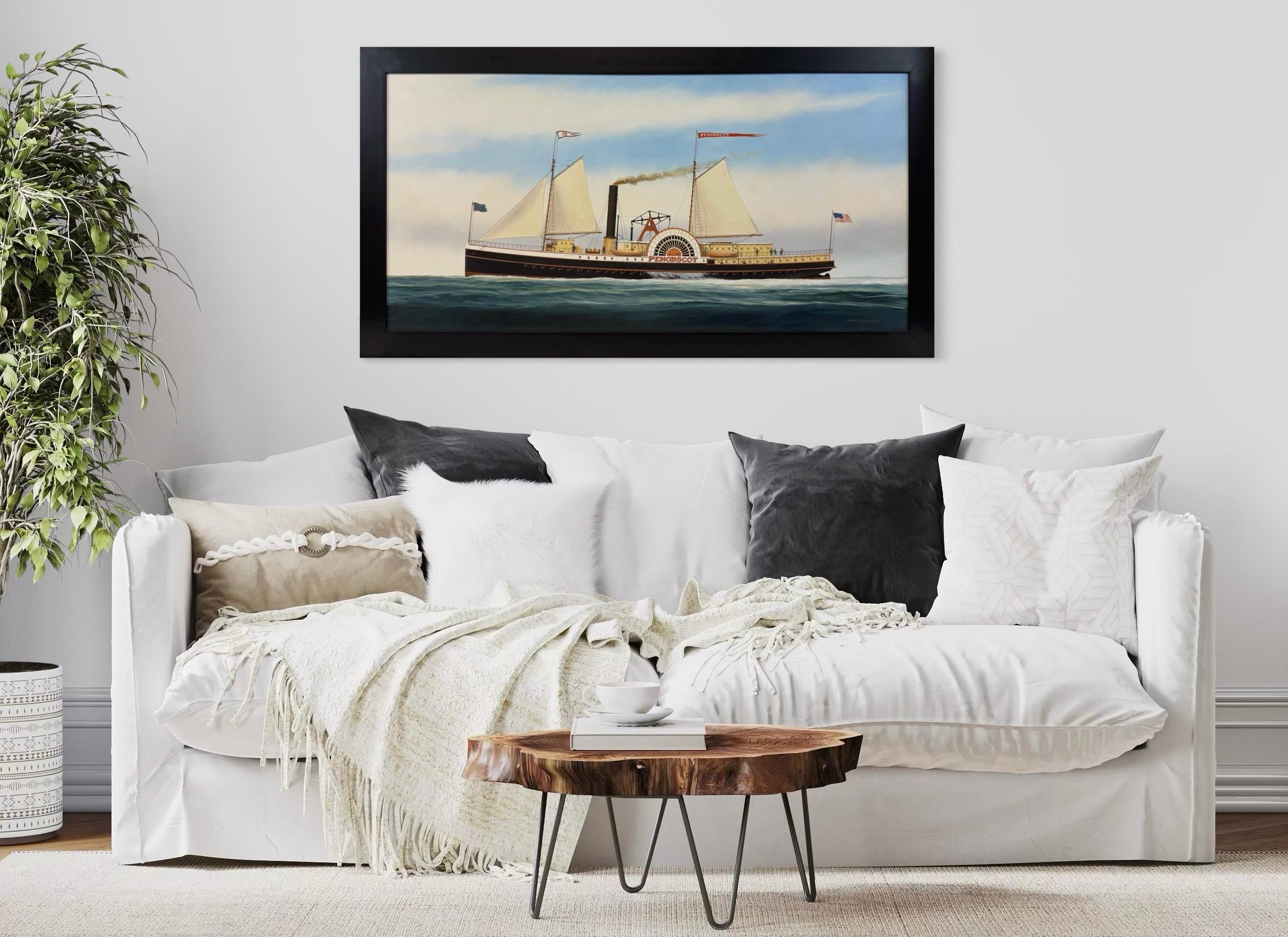 “Penobscot” Ship Portrait Sidewheeler Steamboat Paddle Steamer Oil on Canvas For Sale 4