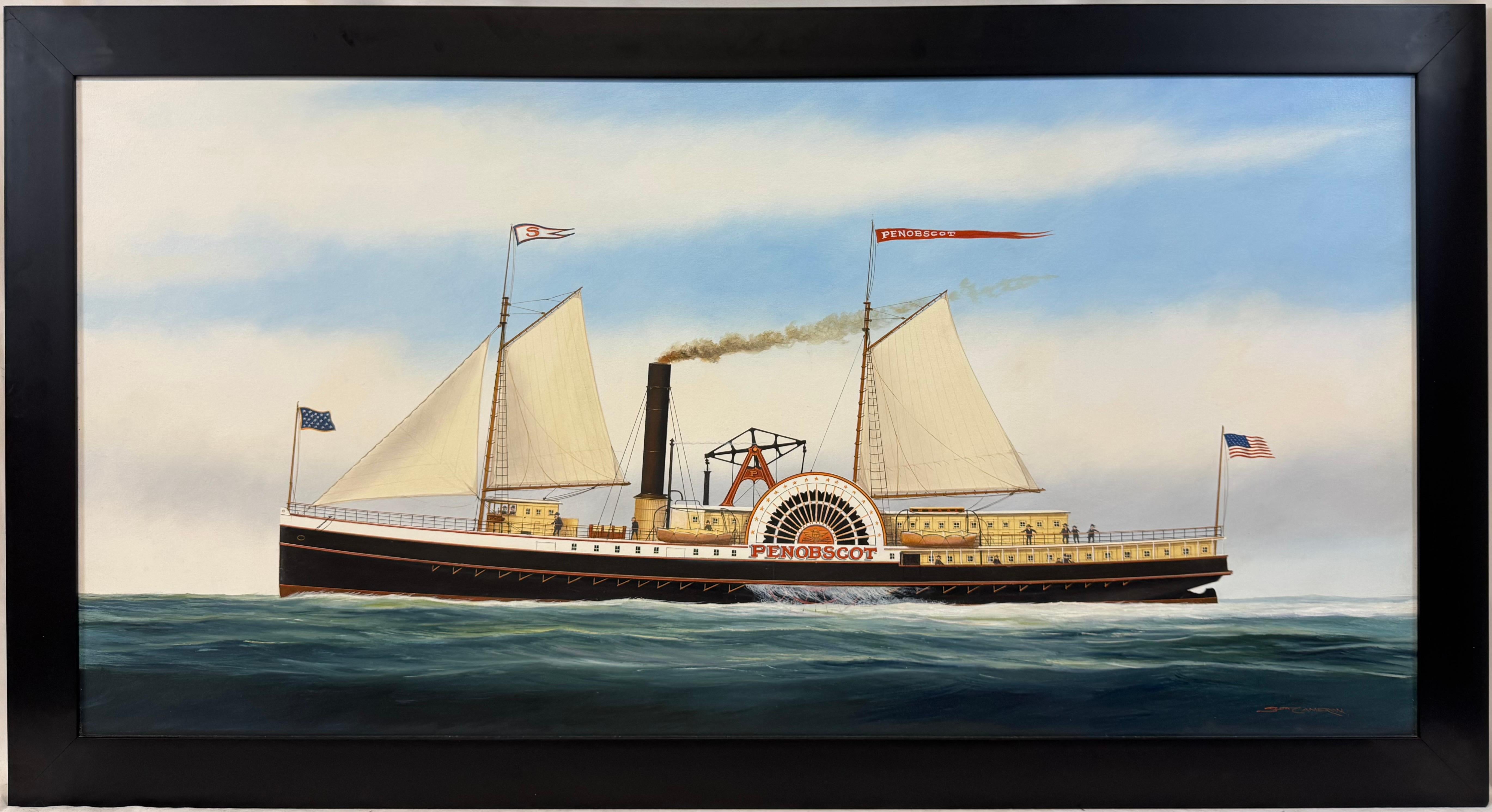 Scott Cameron Figurative Painting - “Penobscot” Ship Portrait Sidewheeler Steamboat Paddle Steamer Oil on Canvas