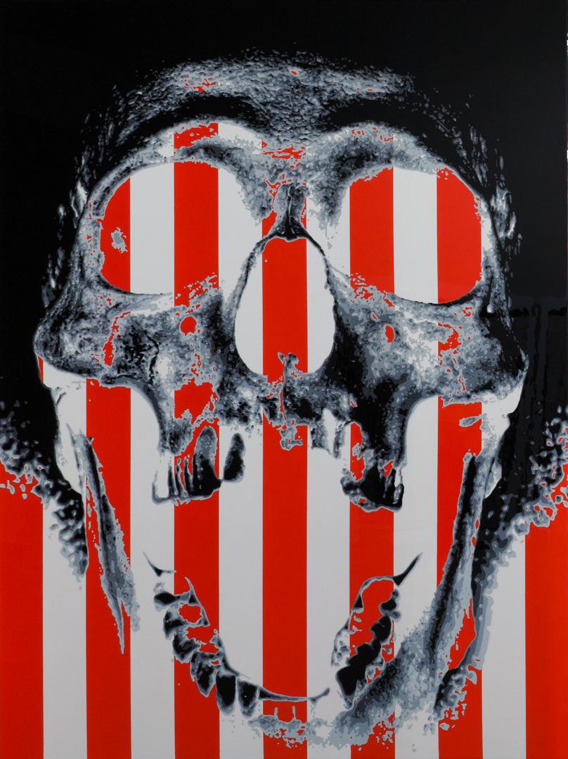 Skull with red & white stripes, Abstract painting on steel  - Painting by Scott Campbell