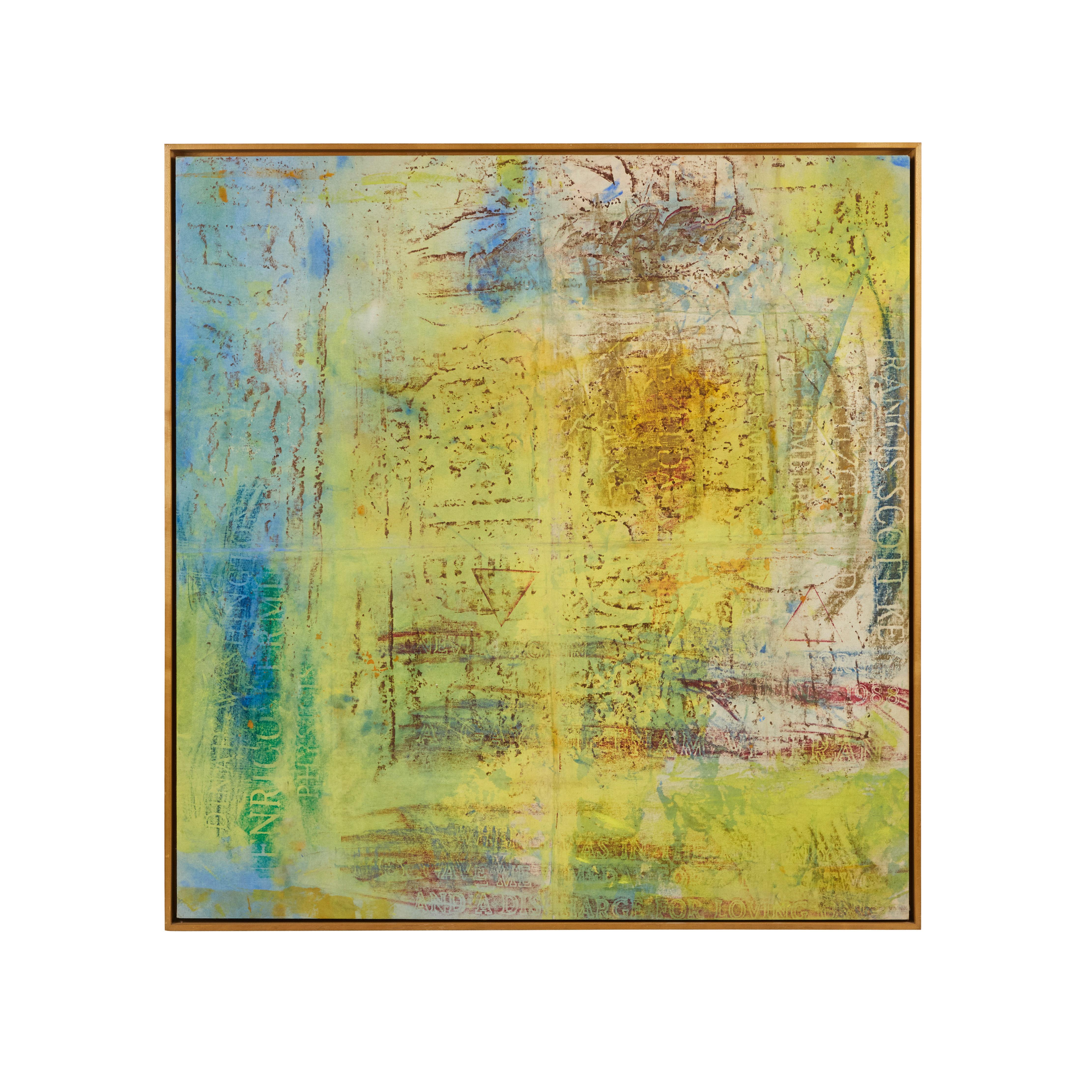 Mixed media on canvas by listed American artist Scott Covert (b. 1954). Using oil wax crayons, Covert makes detailed rubbings of monuments, then adorns them with colors and marks and inscriptions. Signed on reverse.  In artist frame.
In 1979, Covert