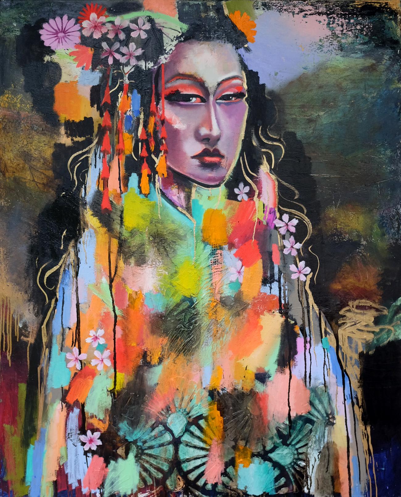 A Decorated Geisha, Original Painting - Mixed Media Art de Scott Dykema
