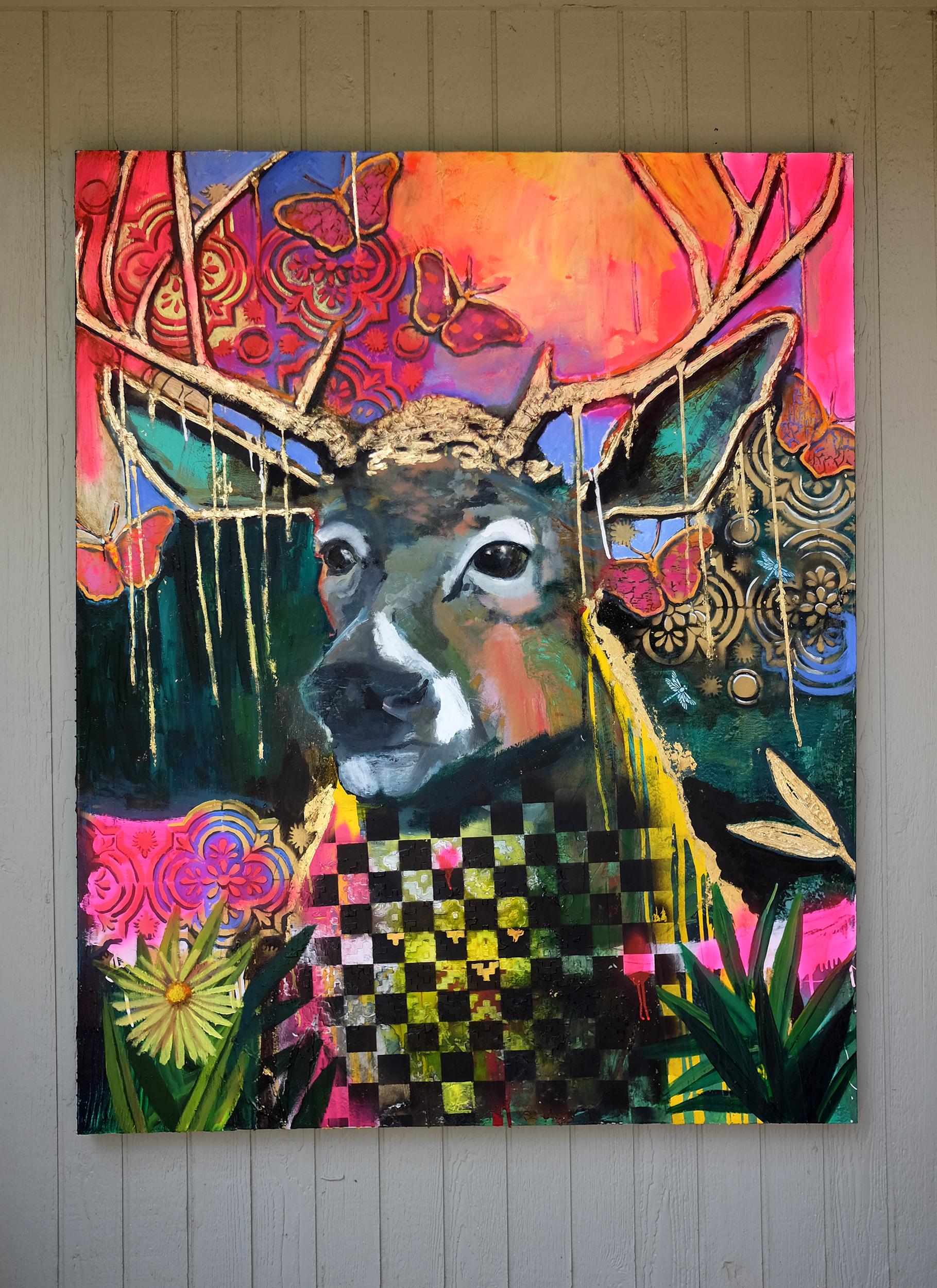 <p>Kommentare des Künstlers<br />Ein majestätischer Hirsch leuchtet vor einem farbenprächtigen Sonnenuntergang tief im Wald. Teil einer Serie von Gemälden des Künstlers Scott Dykema, die Hirsche zum Thema haben und von der Natur und ihrer Schönheit