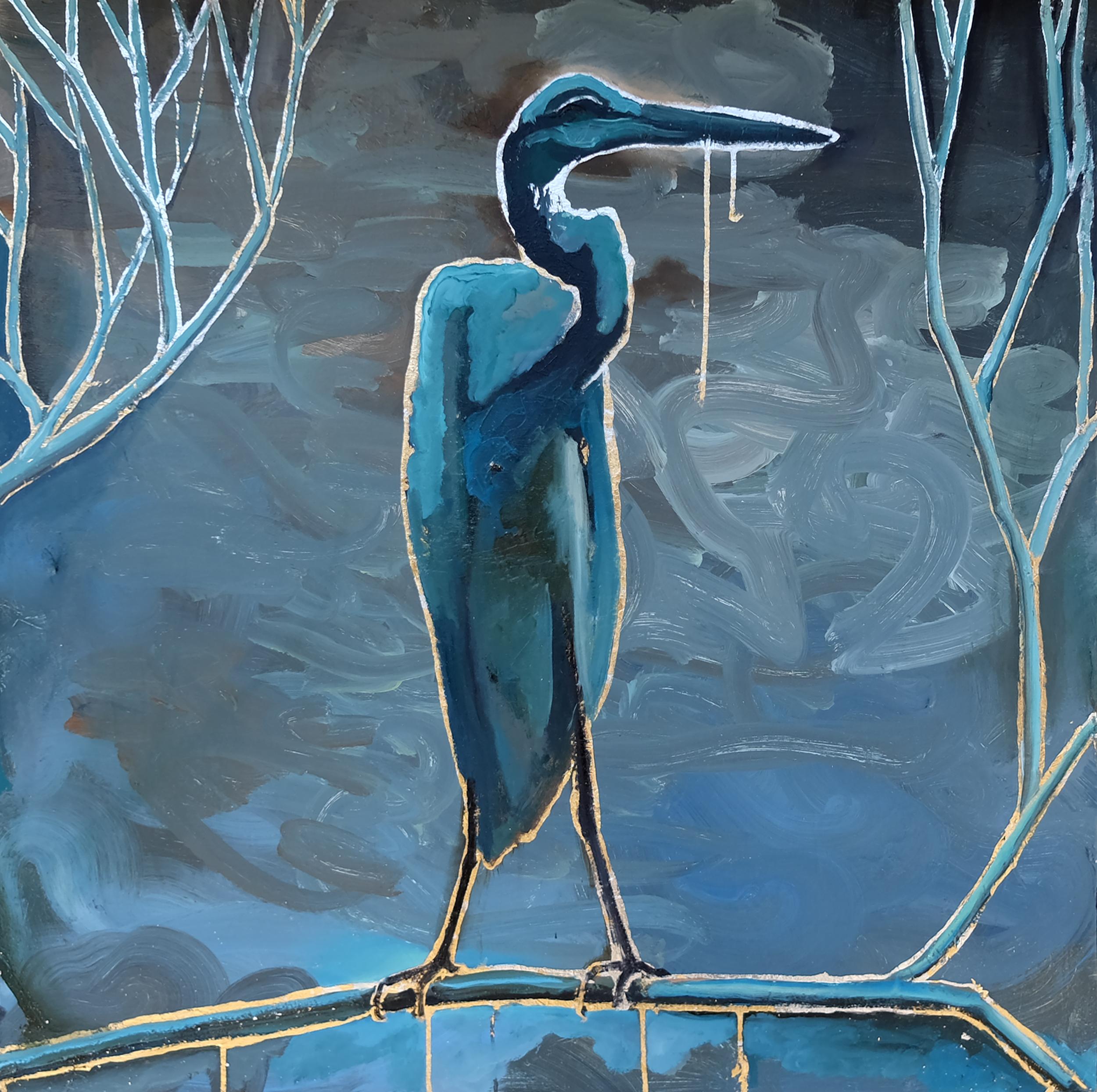 Blue Heron on Blue, Original Painting - Mixed Media Art by Scott Dykema