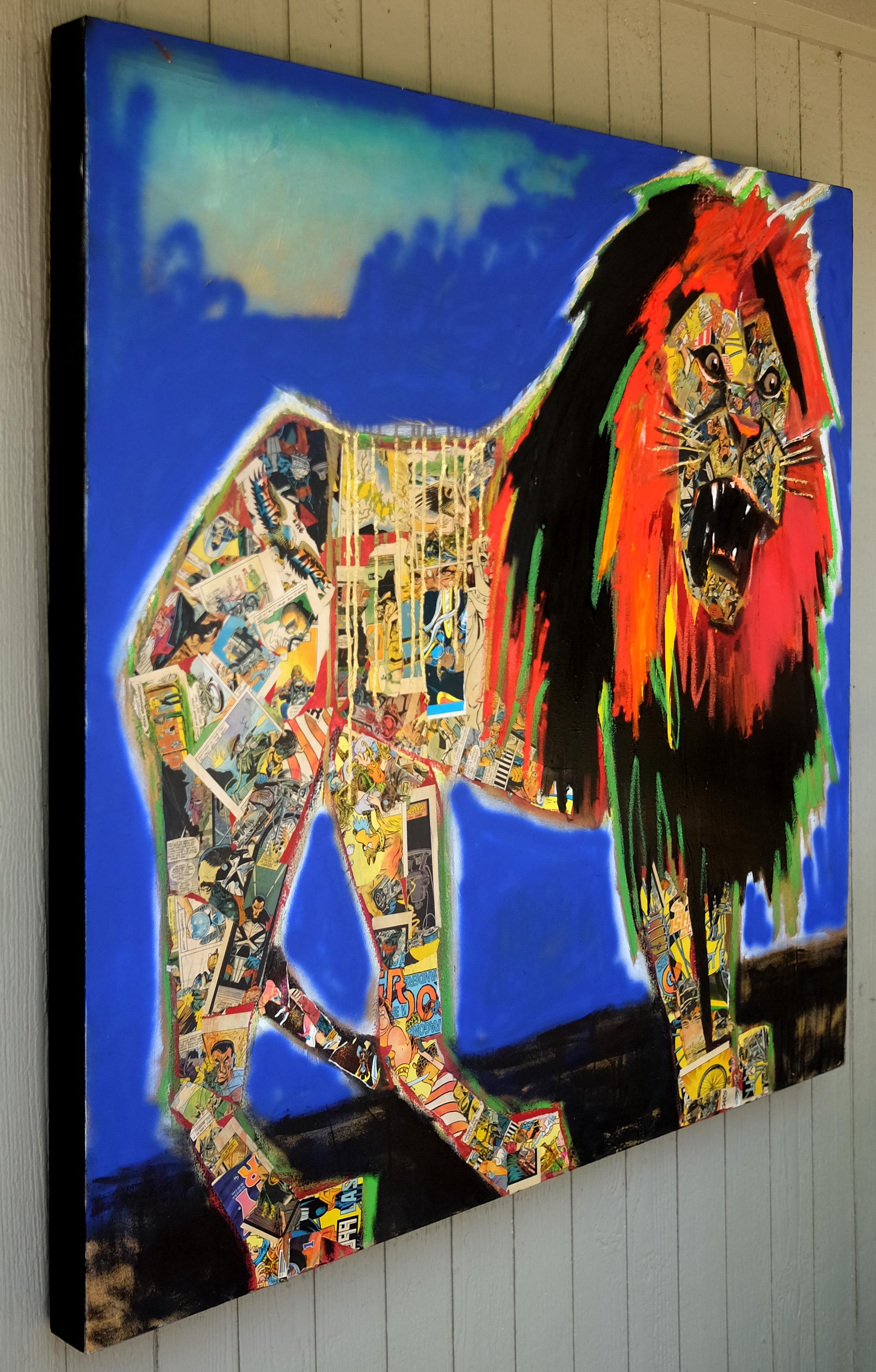 <p>Artist Comments<br>Artist Scott Dykema demonstrates a roaring lion with a fierce look in its eyes. One of the biggest pieces in his series of collaged mixed media portraits and animals. Scott displays his edgy street art style with spray-painted