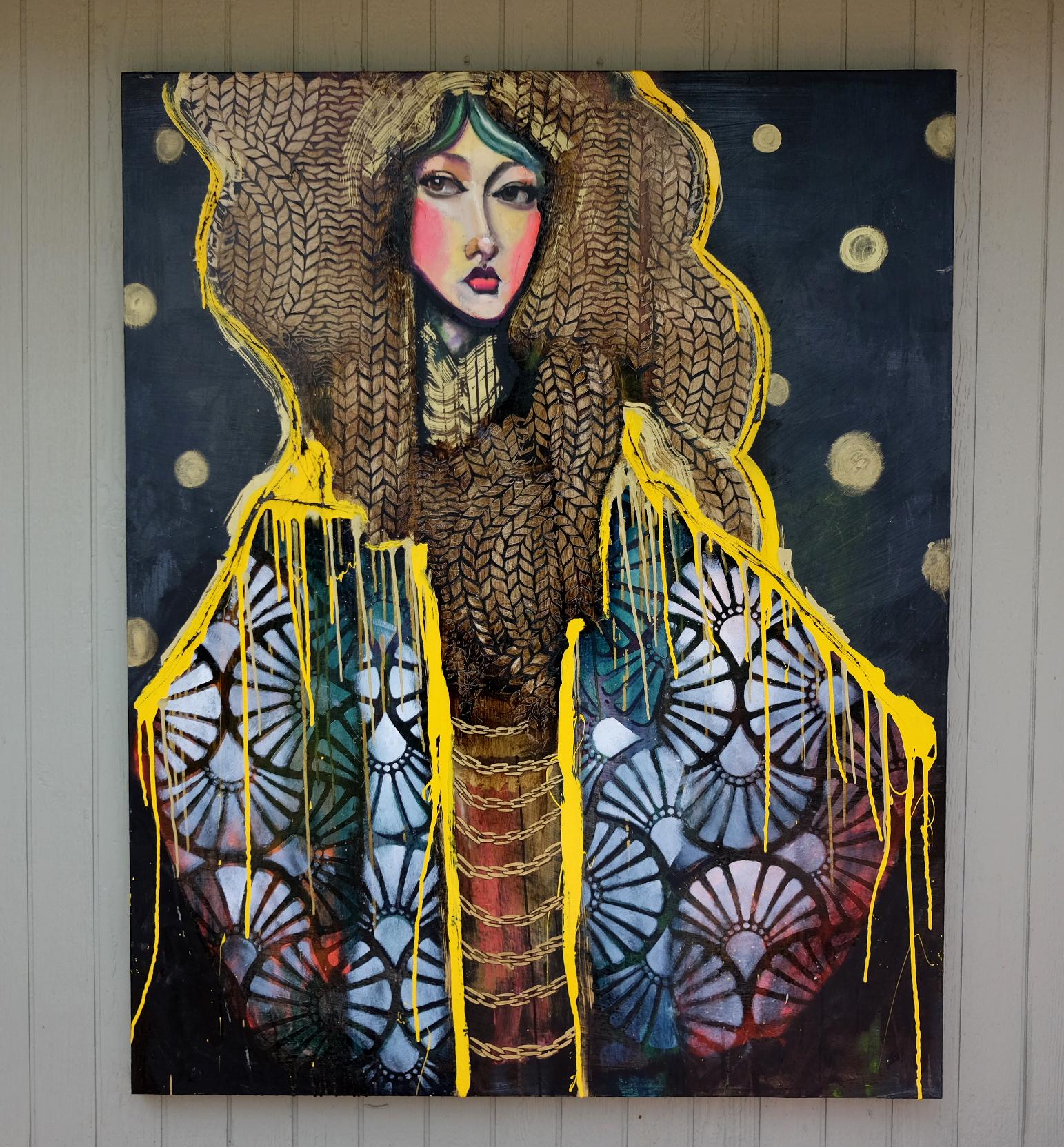 <p>Artist Comments<br>Thick braids frame a womanâ€™s face as she meets the viewerâ€™s gaze with confidence and attitude. Her shell-patterned coat stands out against a dark backdrop dotted with circles. Gold outlines her figure, adding a touch of