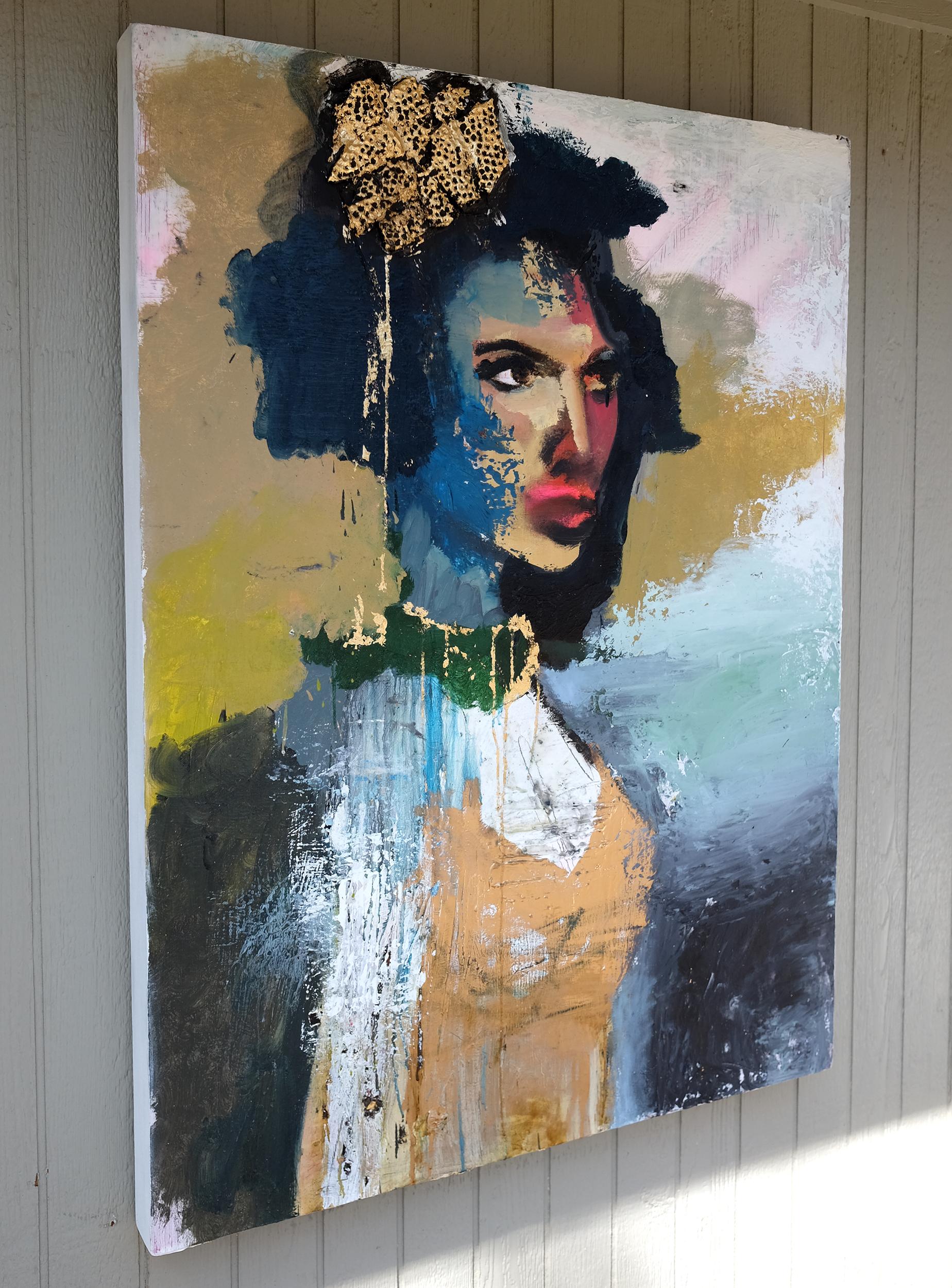 <p>Commentaires de l'artiste<br />Portrait prononcé d'une femme regardant vers l'extérieur, rendu par des bandes distinctes de rouge, bleu, vert et or. 