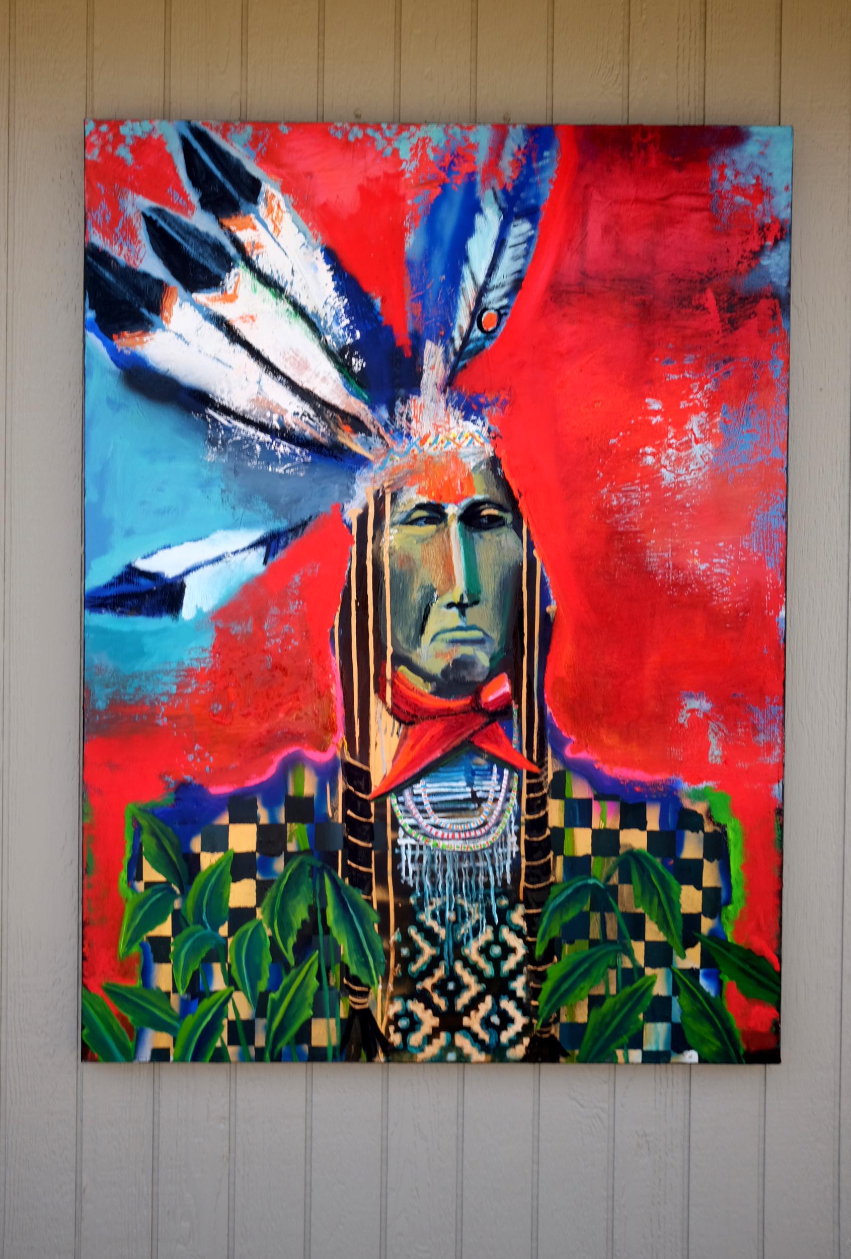 <p>Artist Comments<br>A chief stands with authority and an admirable expression, his head adorned with a feathered headdress, his body draped in patterned fabric, and his neck adorned with accessories. Against a vibrant red background, his