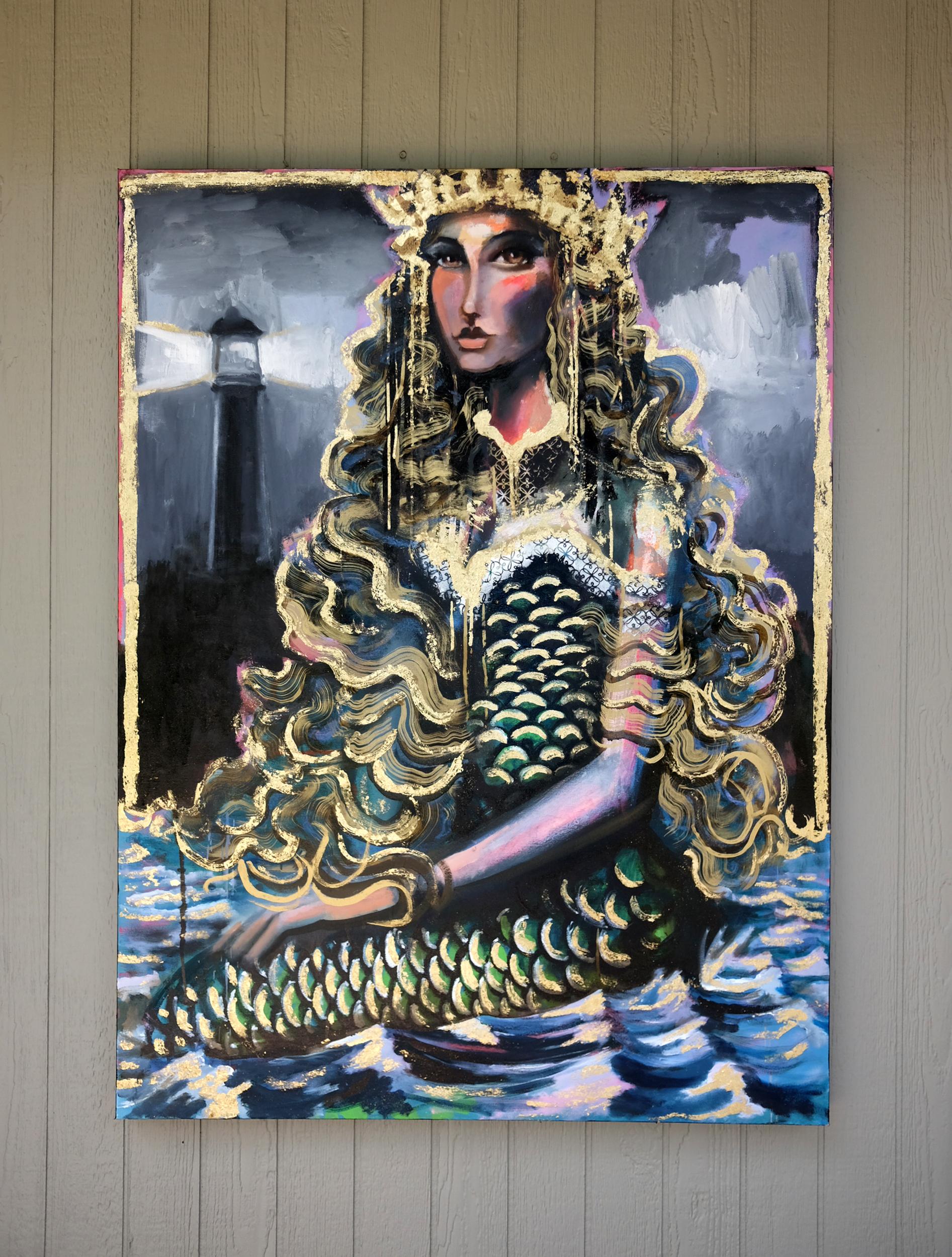<p>Artist Comments<br>A regal mermaid with flowing golden hair emerges from the water, her piercing gaze exuding mystery and power. Her shimmering scales reflect the light. A towering lighthouse stands in the foggy background, casting a mystical