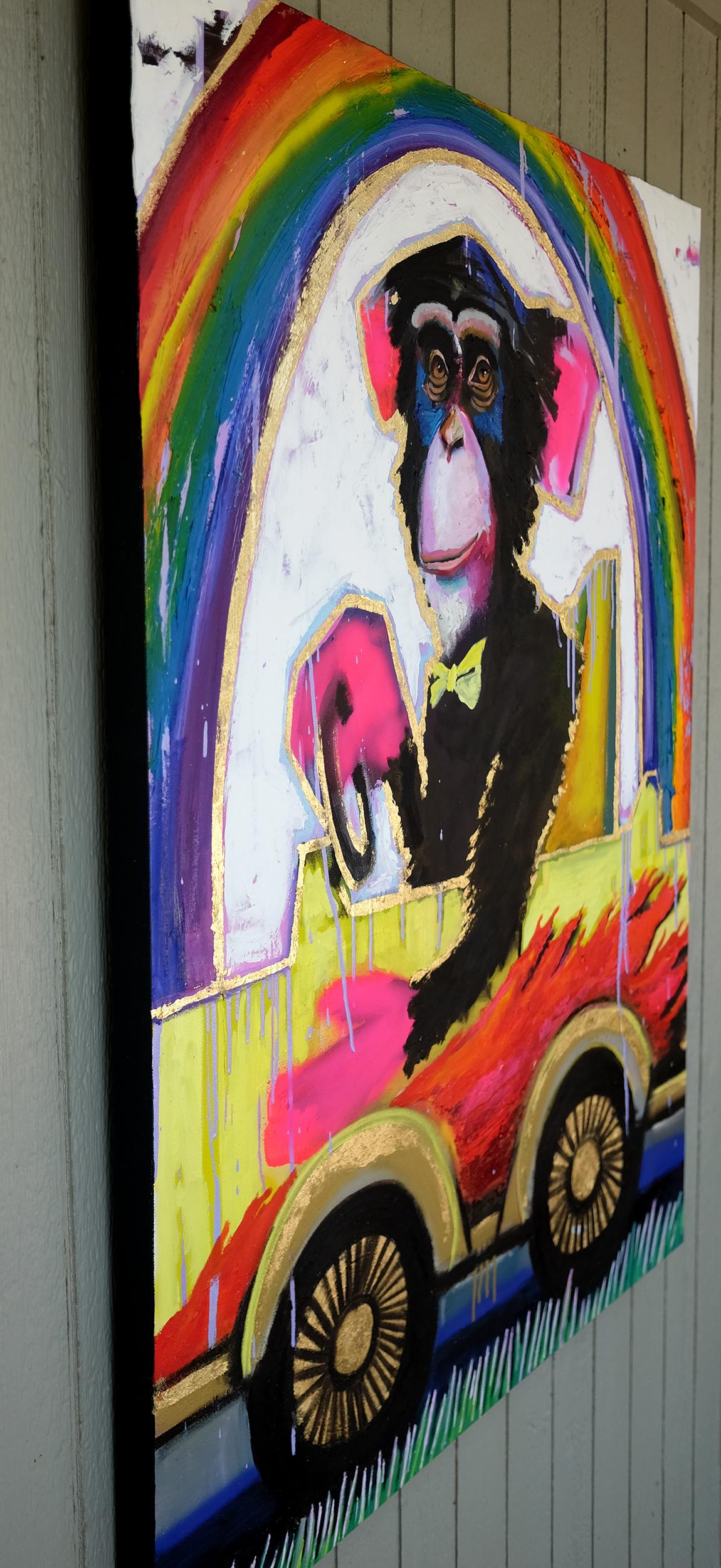 <p>Artist Comments<br>Artist Scott Dykema depicts a chimpanzee riding a yellow car with flaming orange decals. He delivers a distinct statement piece using striking colors in his signature street art style. Part of his series of works with the