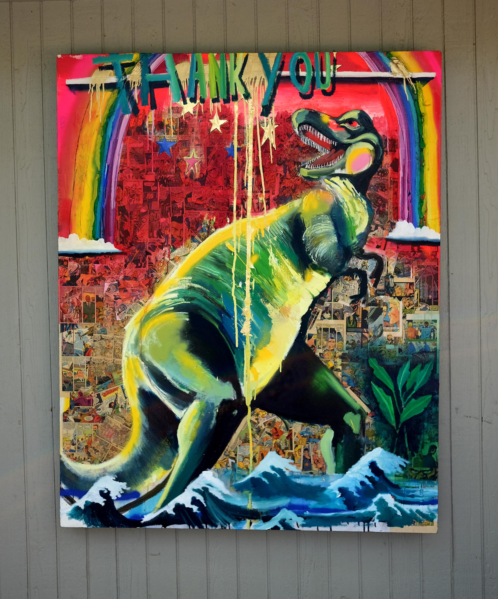 <p>Commentaires de l'artiste<br>Dans l'œuvre colorée de l'artiste Scott Dykema, un T-Rex colossal passe à l'assaut des vagues de l'océan. Il a collé de vieilles bandes dessinées en arrière-plan et peint un arc-en-ciel avec un texte disant 