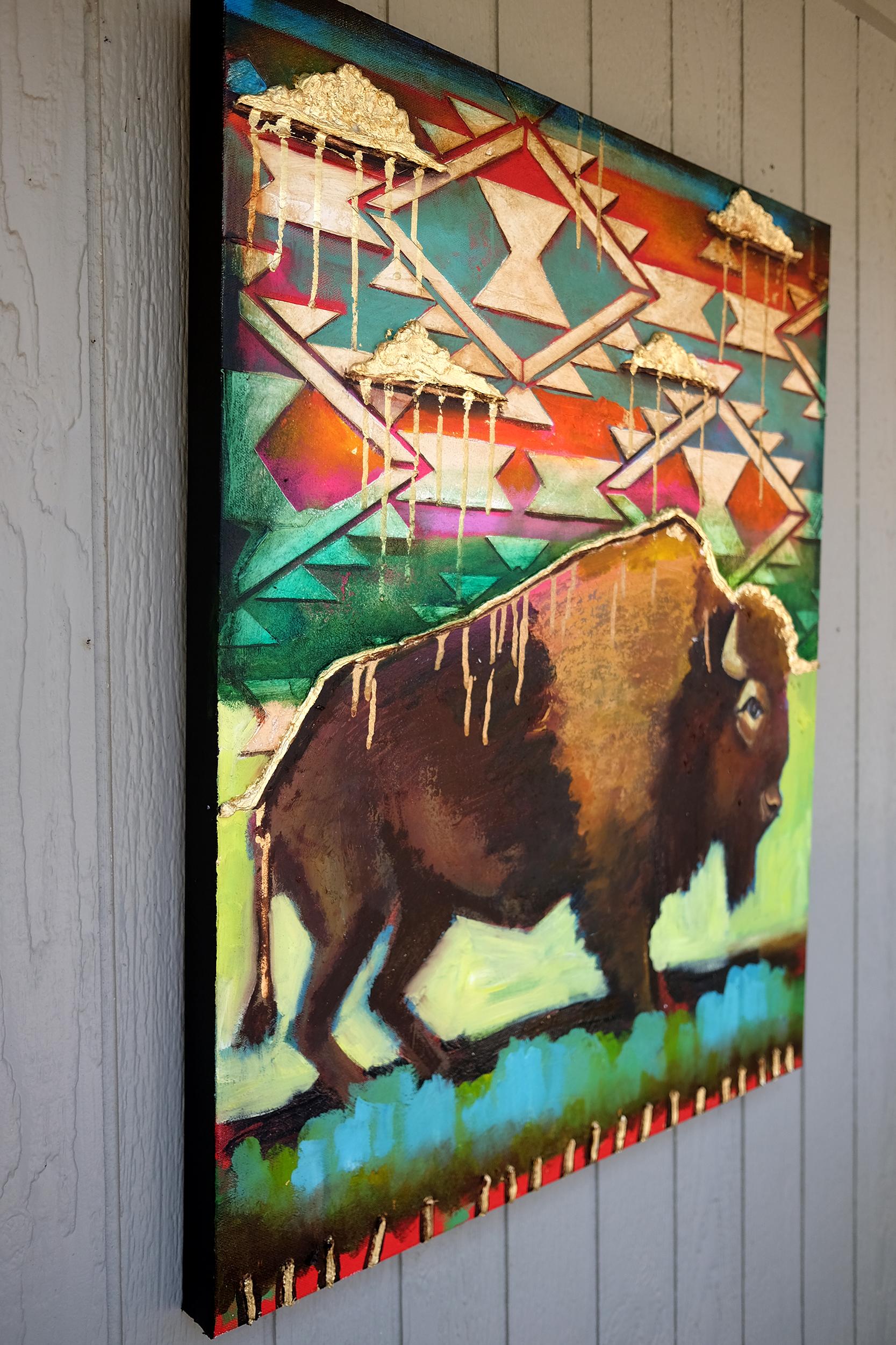 <p>Artist Comments<br>Artist Scott Dykema exhibits a hefty brown bison with a thick bushy mane. A psychedelic Aztec background in blue and red, with gold metallic accents draws interest to the engrossing background. Part of his series honoring the