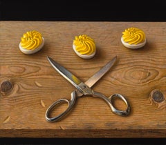 "Tijeras con huevos" (2024) De Scott Fraser, Pintura al óleo original, Huevos endiablados