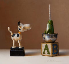 "Surf and Turf" - Still-Life fotorealista di giocattoli, pittura a olio