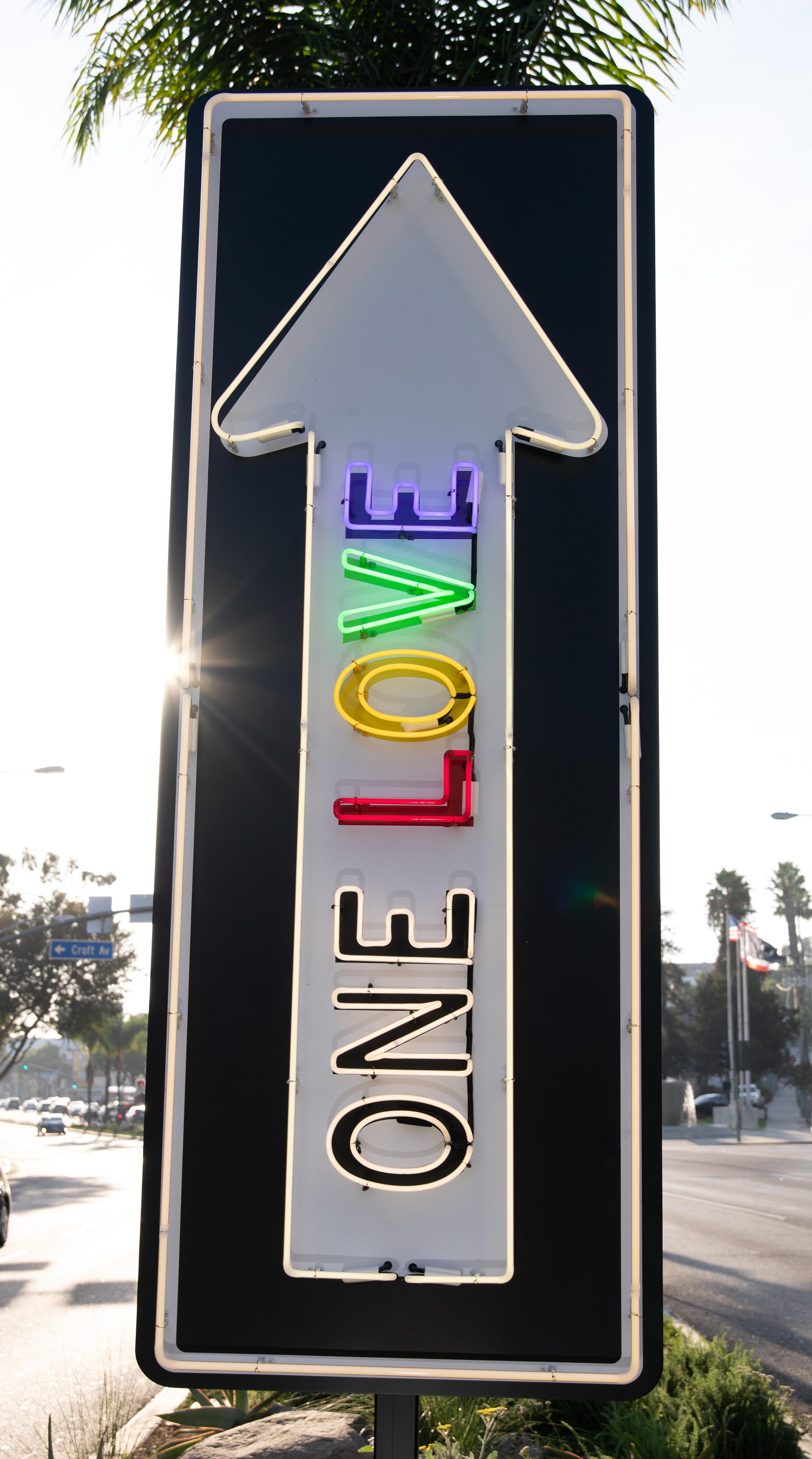 „“Eine Liebe schwebend““ – zeitgenössische Straßenschild-Skulptur aus Neon