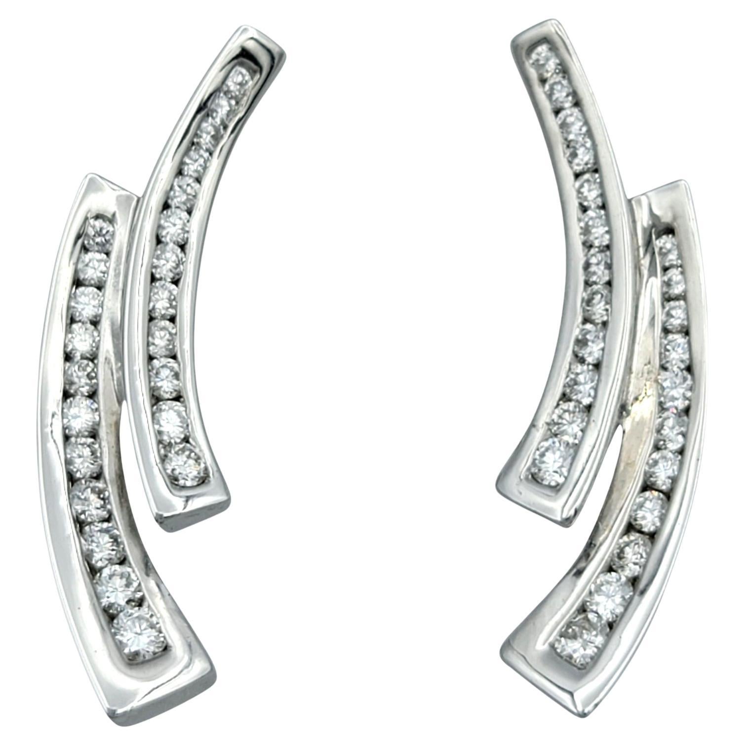 Scott Gauthier Diamond Two-Row Curved Vertical Drop Earring 14 Karat White Gold For Sale