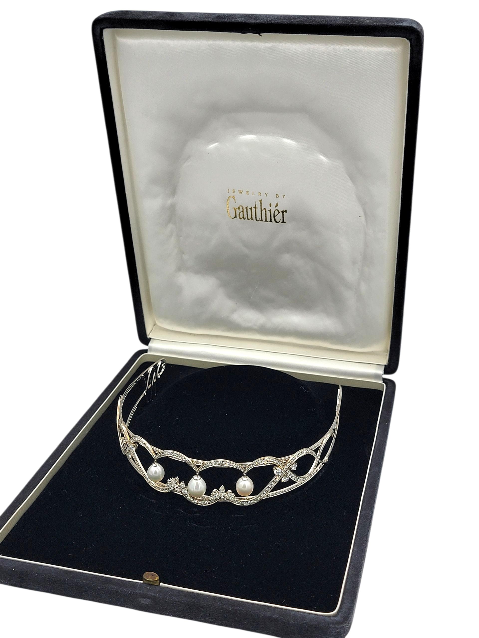 Scott Gauthier Round and Marquise Diamond Tiara with Pearls 14 Karat White Gold For Sale 4
