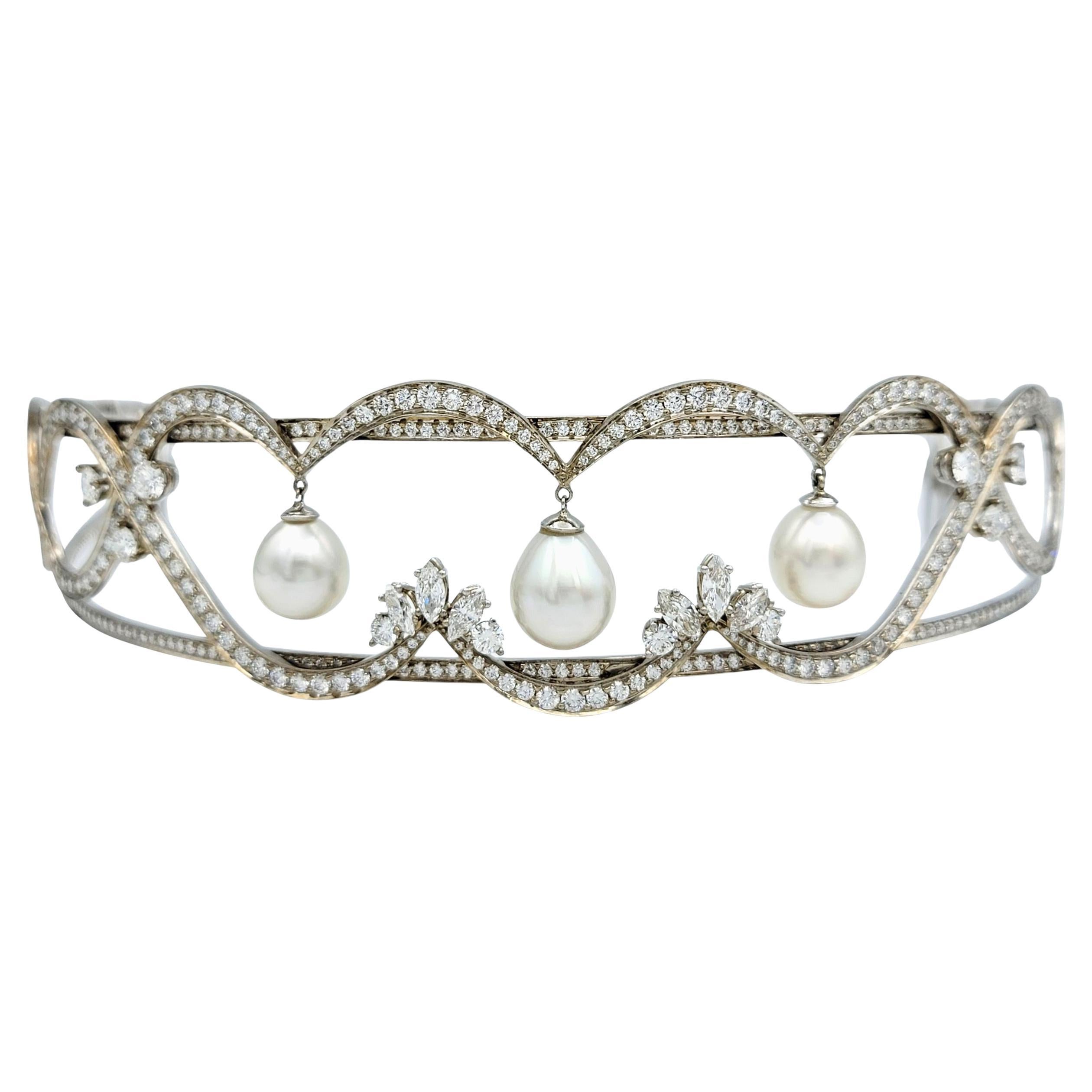 Contemporary Scott Gauthier Round and Marquise Diamond Tiara with Pearls 14 Karat White Gold For Sale