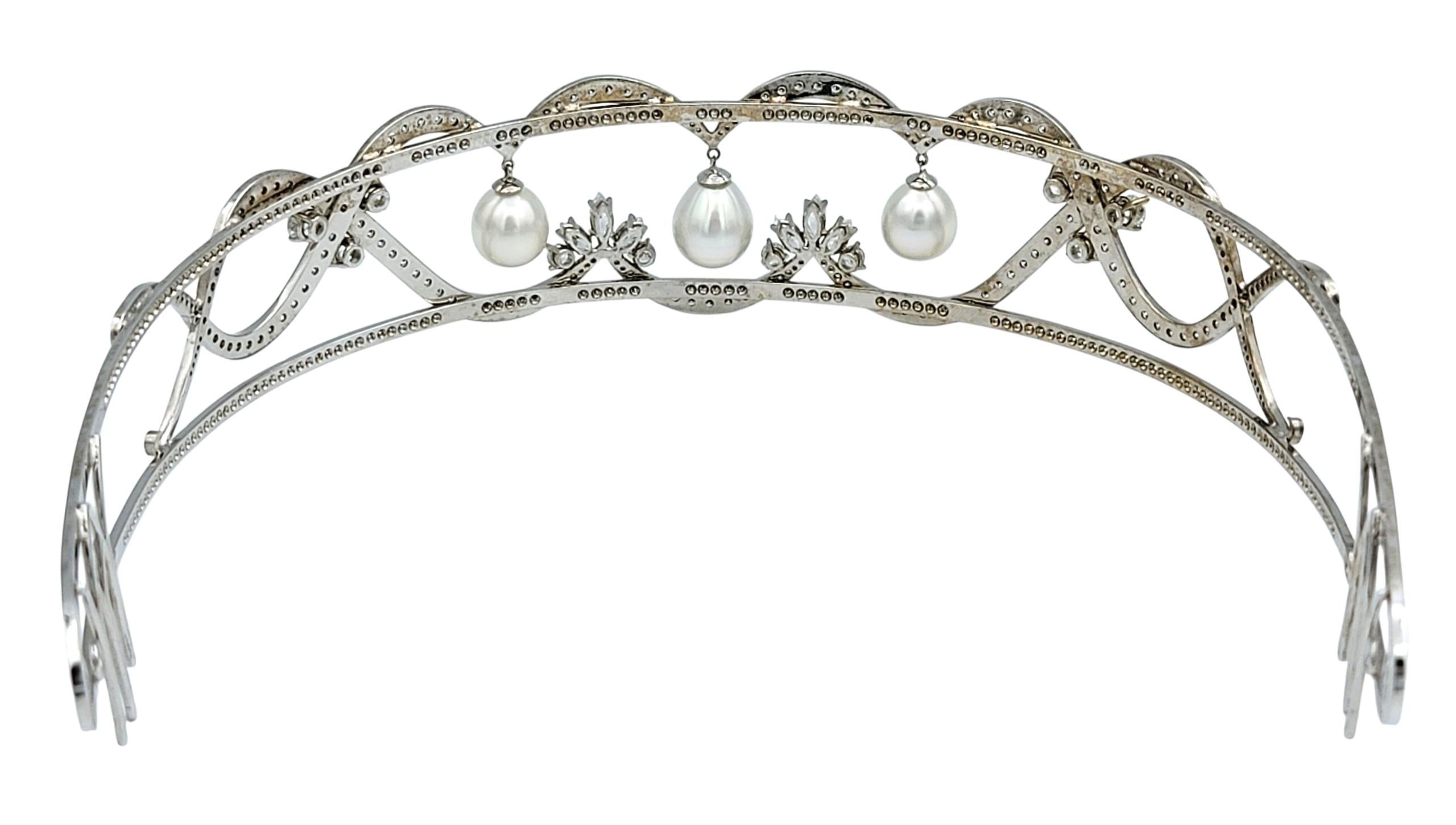 Scott Gauthier Round and Marquise Diamond Tiara with Pearls 14 Karat White Gold In Good Condition For Sale In Scottsdale, AZ