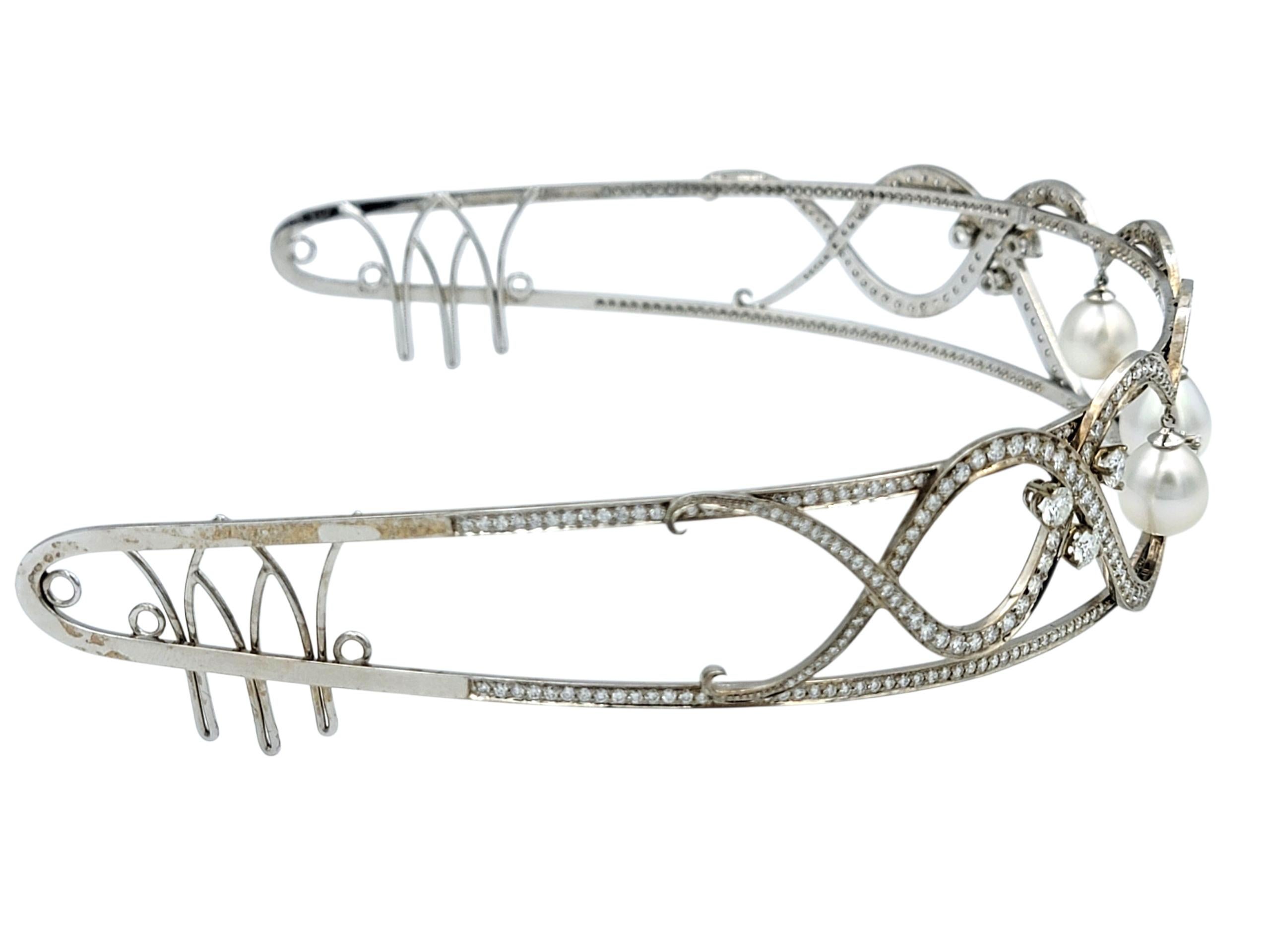 Women's Scott Gauthier Round and Marquise Diamond Tiara with Pearls 14 Karat White Gold For Sale
