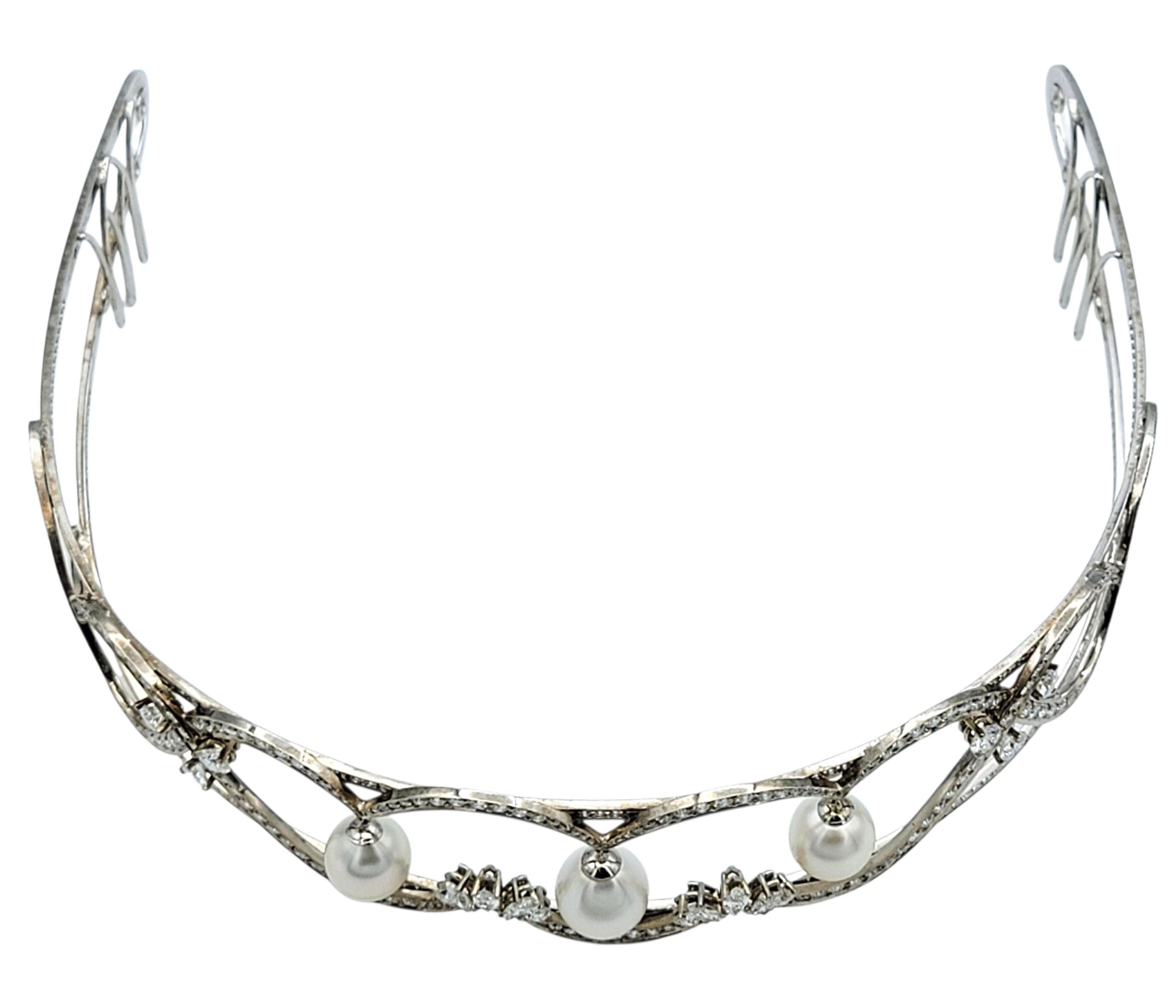 Scott Gauthier Round and Marquise Diamond Tiara with Pearls 14 Karat White Gold For Sale 1