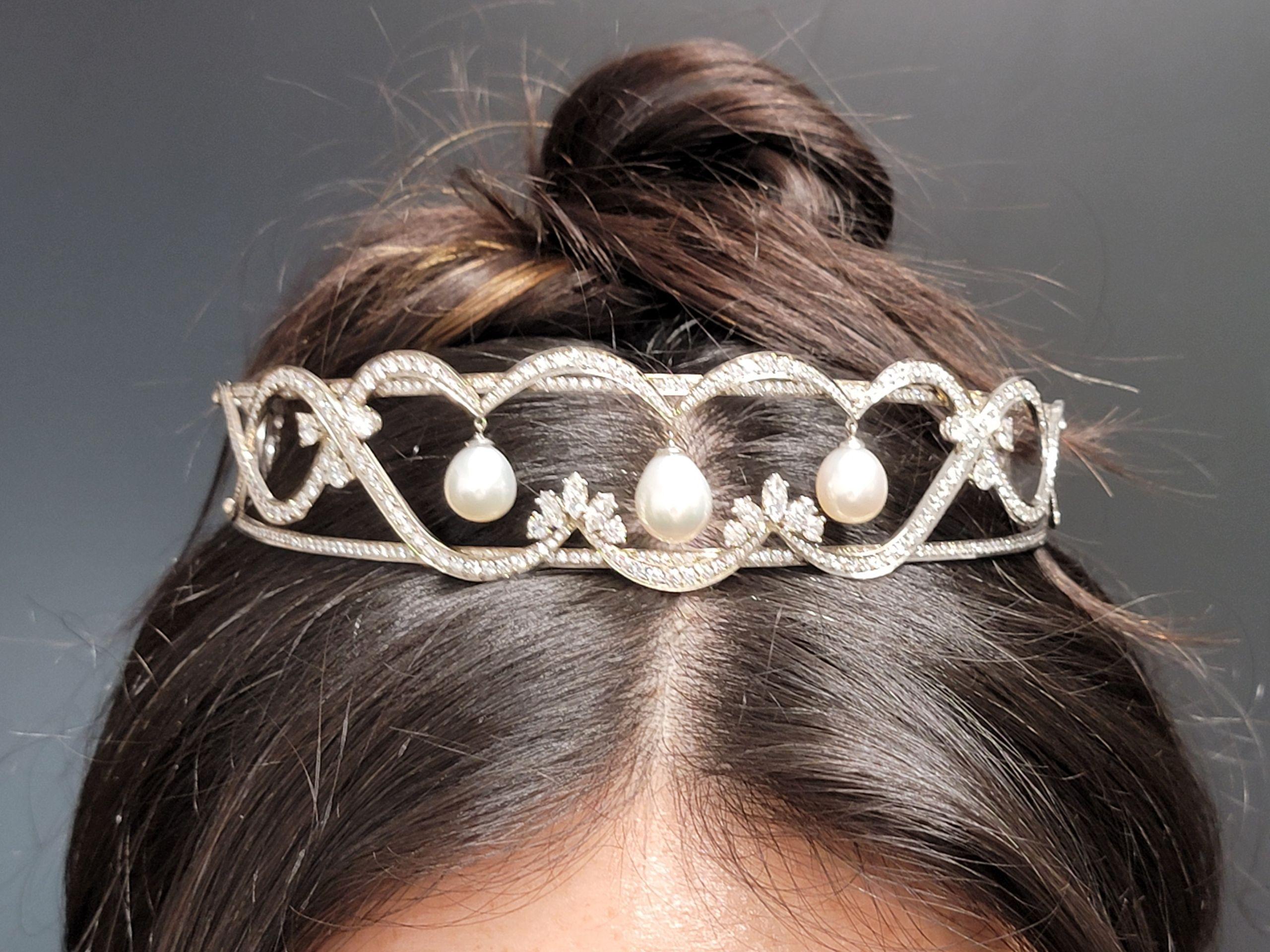 Scott Gauthier Round and Marquise Diamond Tiara with Pearls 14 Karat White Gold For Sale 3
