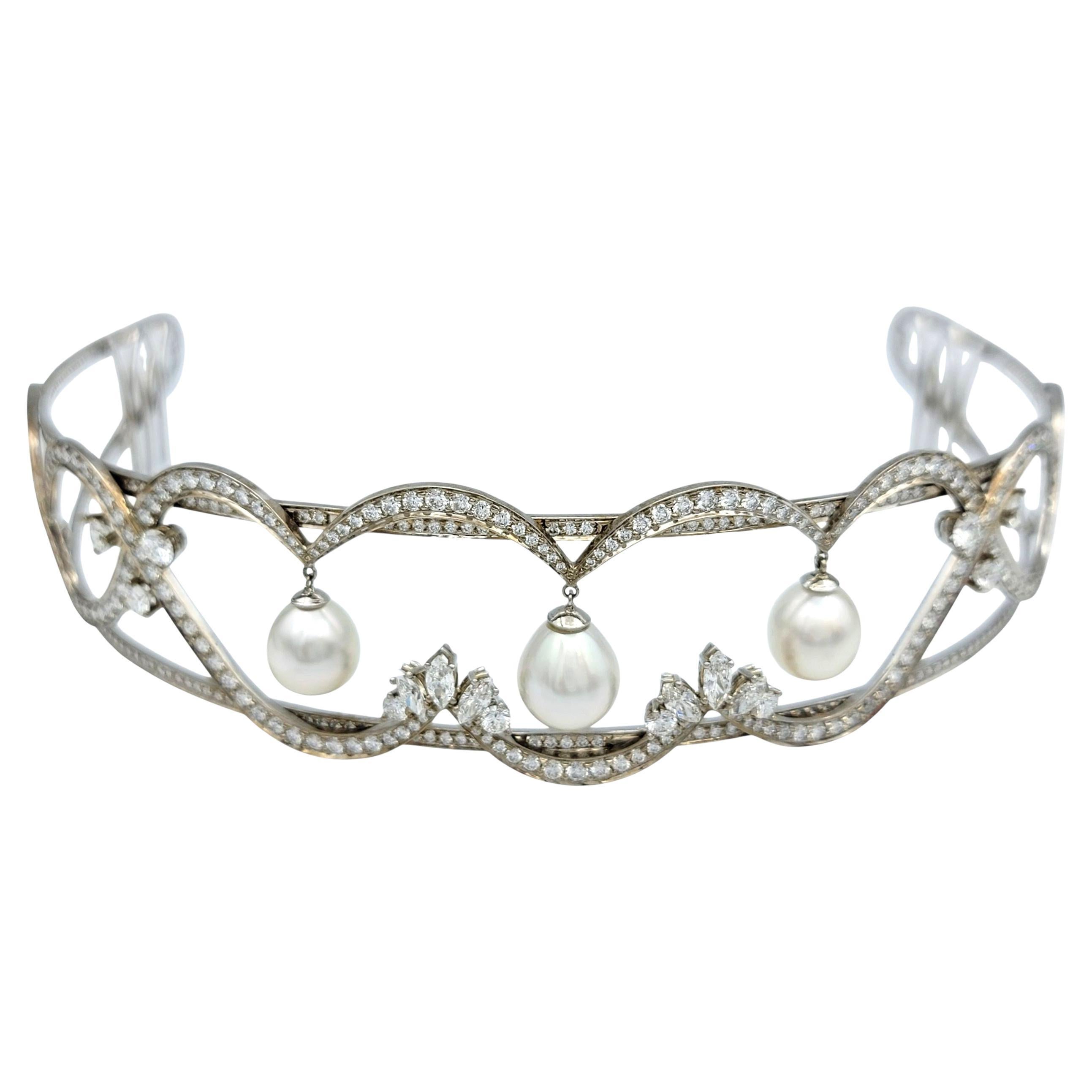 Scott Gauthier Round and Marquise Diamond Tiara with Pearls 14 Karat White Gold For Sale