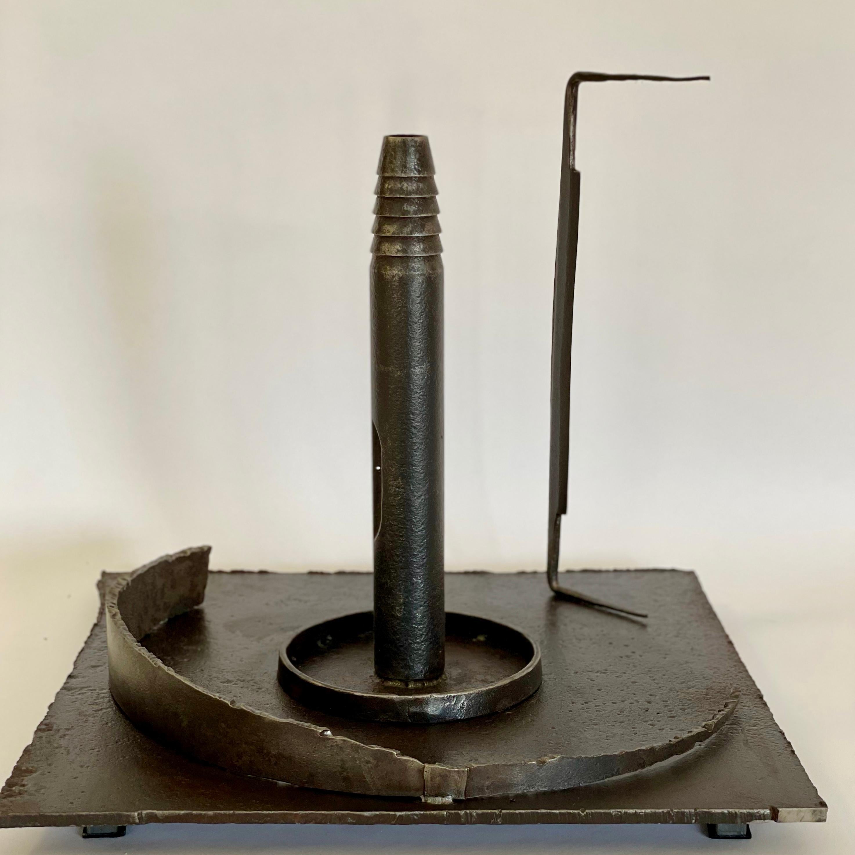 Odyssey
welded steel
Measures: 18.5 x 19 x 18 in.

Artist statement:

I seldom use stock material, but prefer distressed and rusted steel that has been scarred, bent, and made imperfect. In this state, the material becomes quite beautiful.