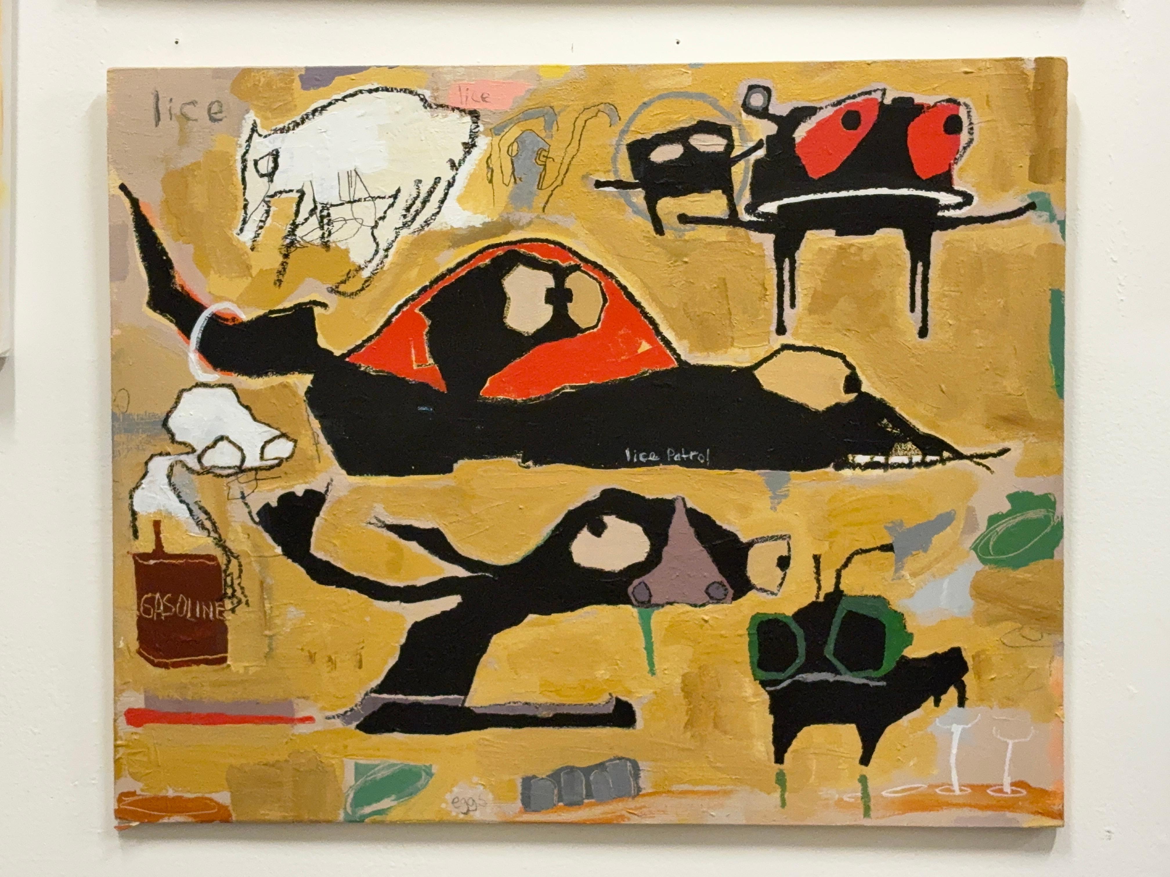 Scott Harbison Figurative Painting – Acrylfarbe, Ölstift auf Holz: "Läuse"
