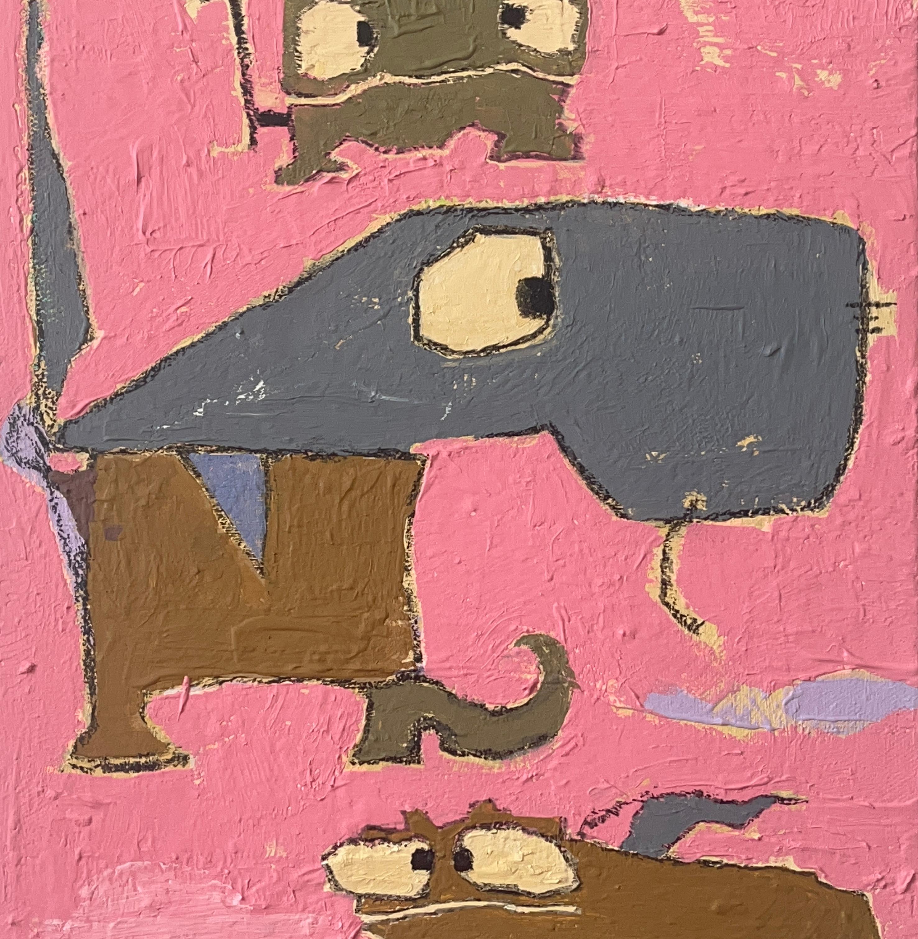Arte Outsider, Acrílico y Óleo sobre Lienzo: 'Las 3 Gracias' - Animal Painting Rosa de Scott Harbison