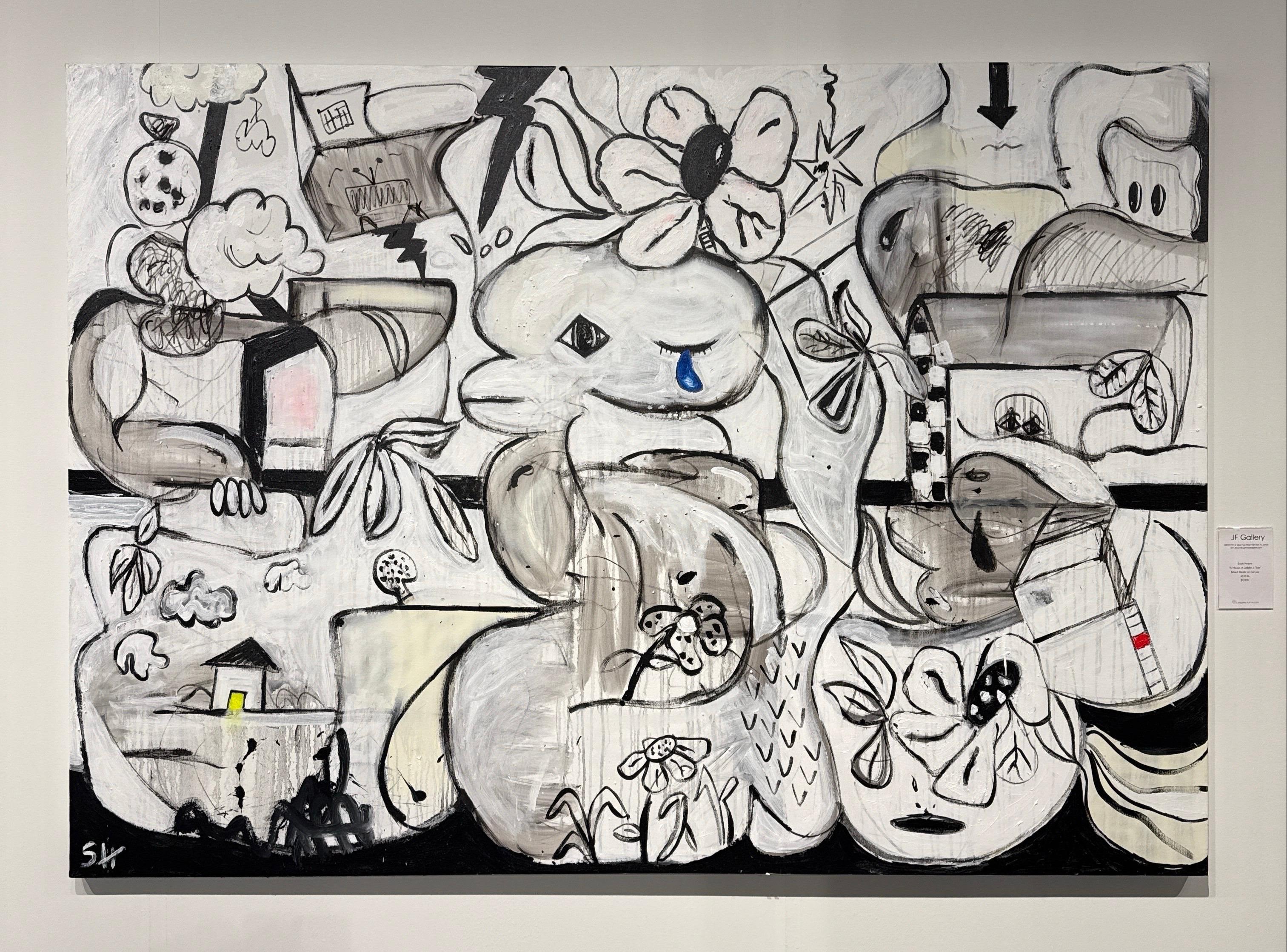 Mixed Media-Gemälde mit dem Titel A House, a Ladder, a Tear 60 x 84 im Angebot 2